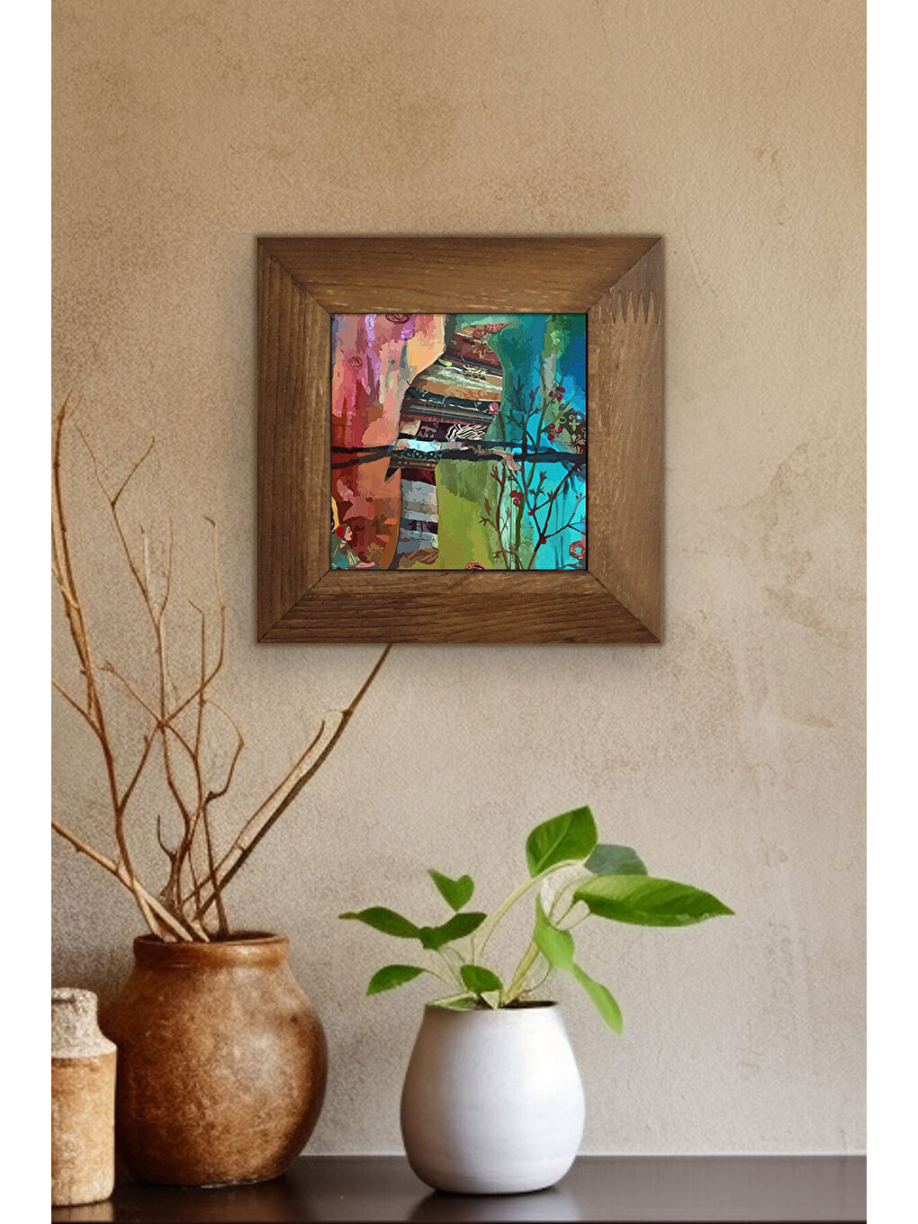 Beyaz Masif Ahşap Çerçeveli Taş Tablo Pano 15,5 x 15,5 cm - ARTVESSAKARO32