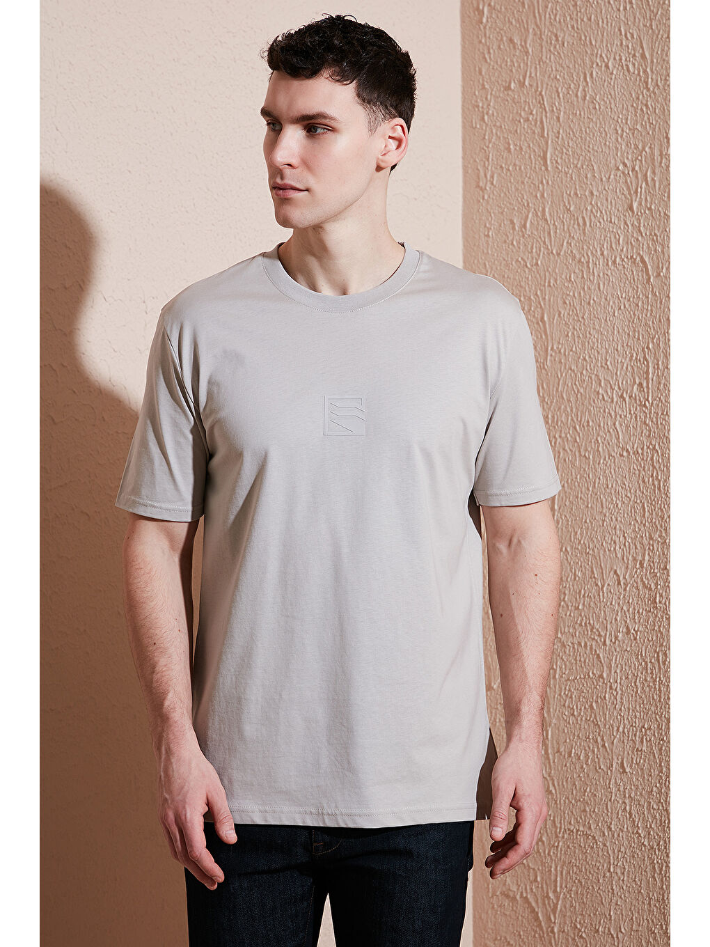 Bej Pamuklu Regular Fit Bisiklet Yaka %100 Pamuk Tişört 5902948-1