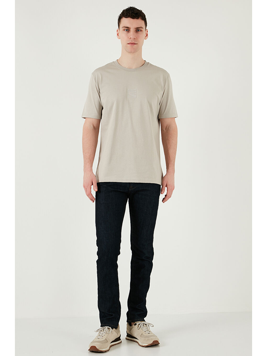 Bej Pamuklu Regular Fit Bisiklet Yaka %100 Pamuk Tişört 5902948-3