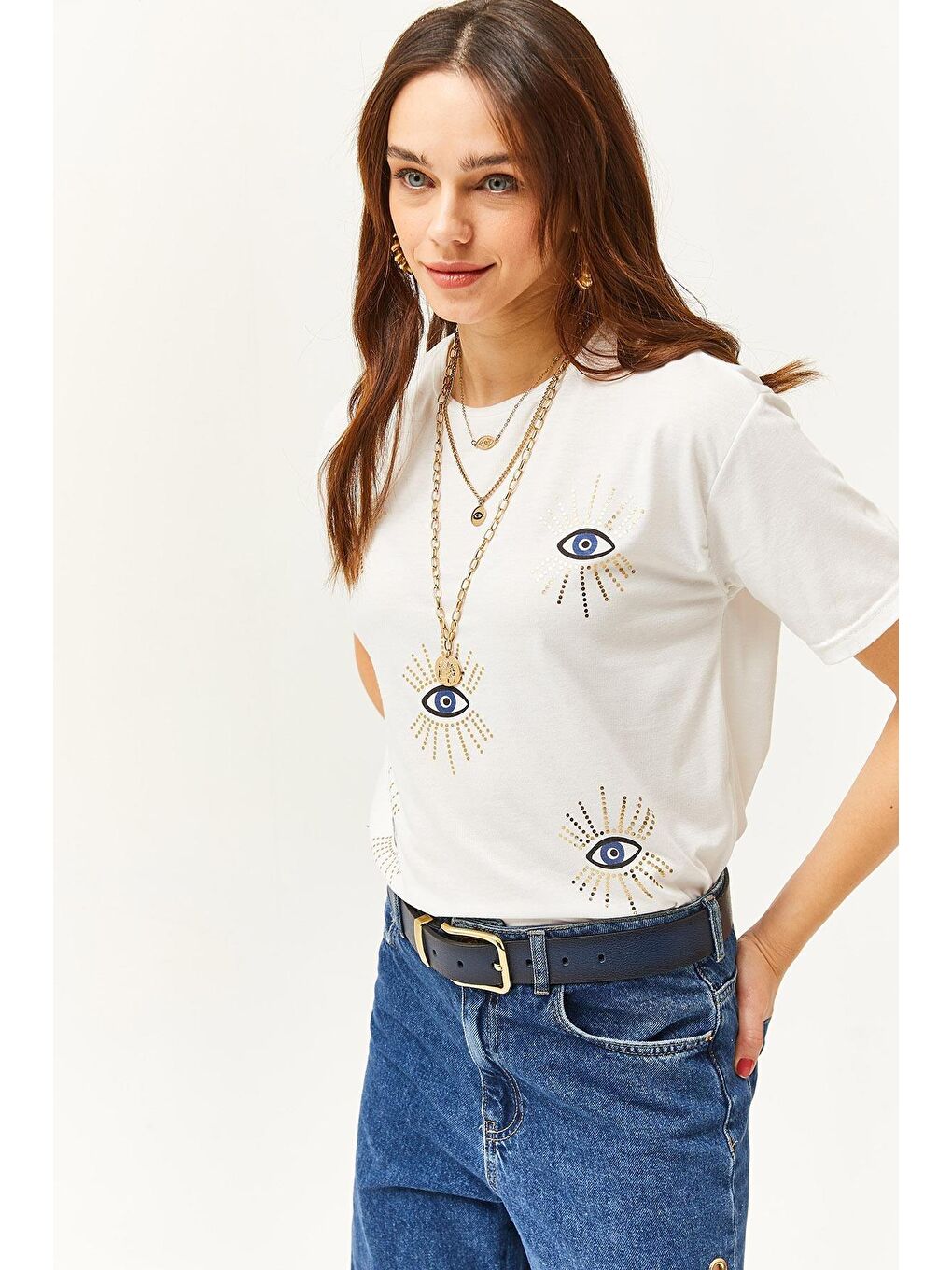 Beyaz Göz Baskılı Varak Detaylı T-shirt-3