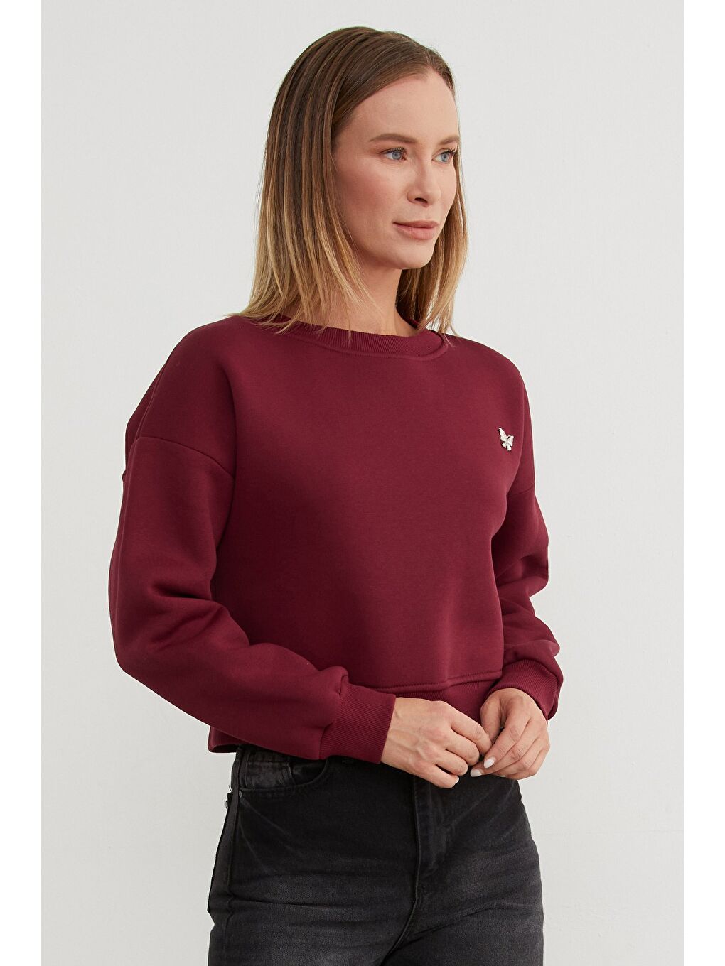 Bordo 3 İplik Metal Kelebek Aksesuarlı Sweatshirt-2