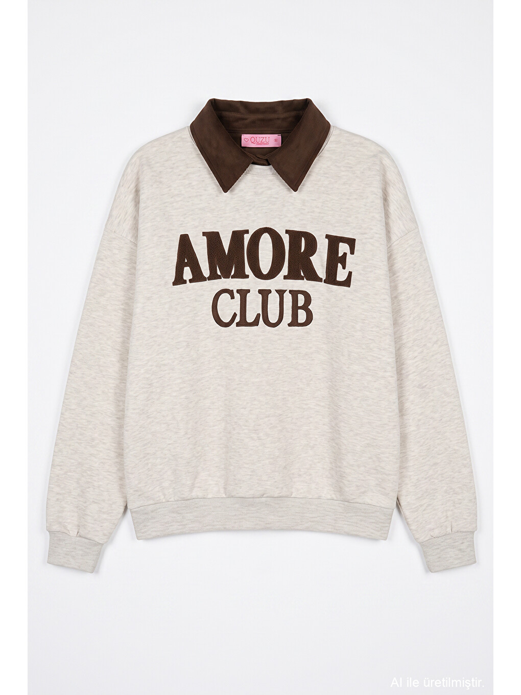 Polo Yaka Amore Nakışlı Oversize Sweatshirt Bejmelanj-1
