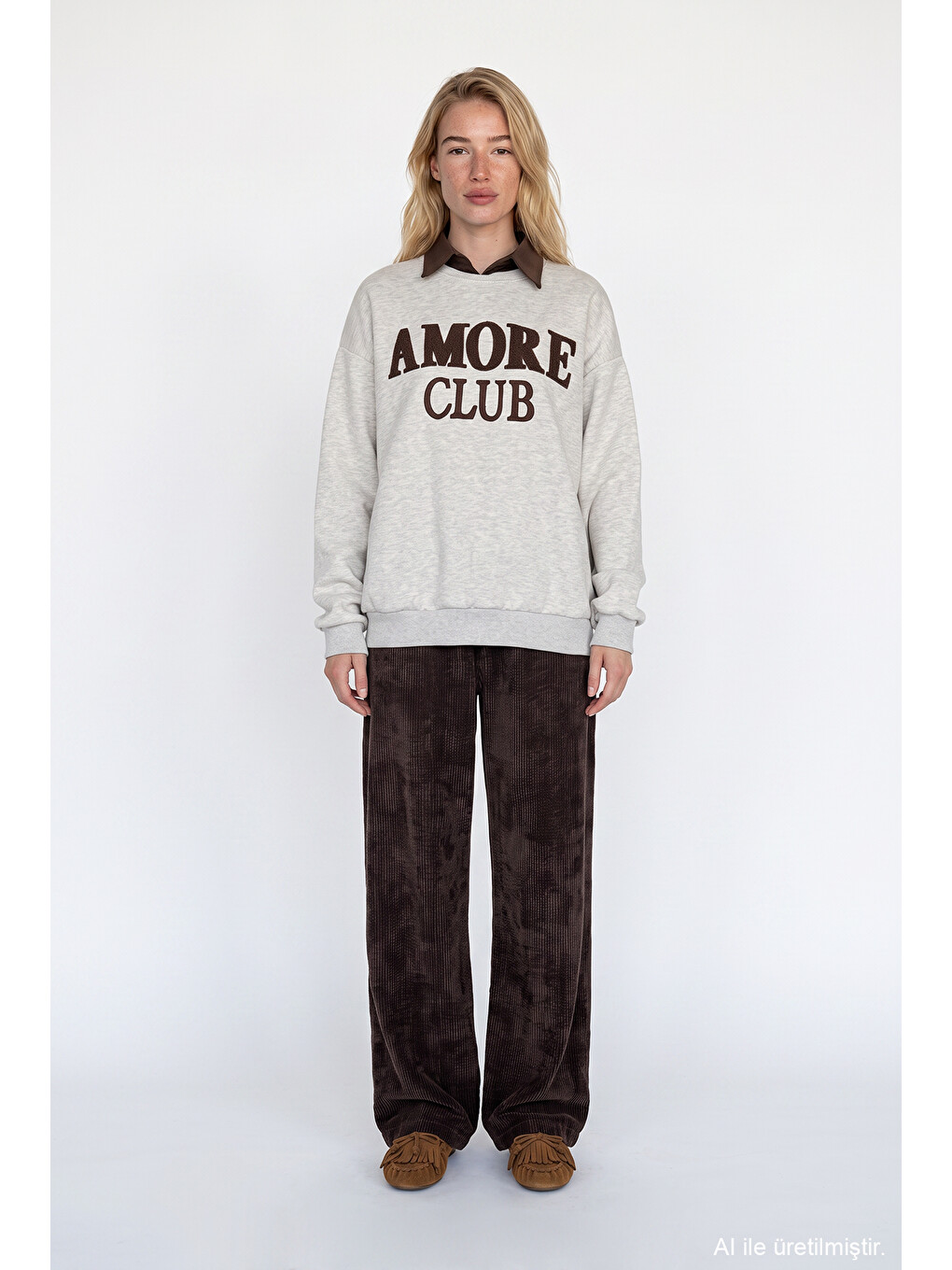 Polo Yaka Amore Nakışlı Oversize Sweatshirt Bejmelanj-2