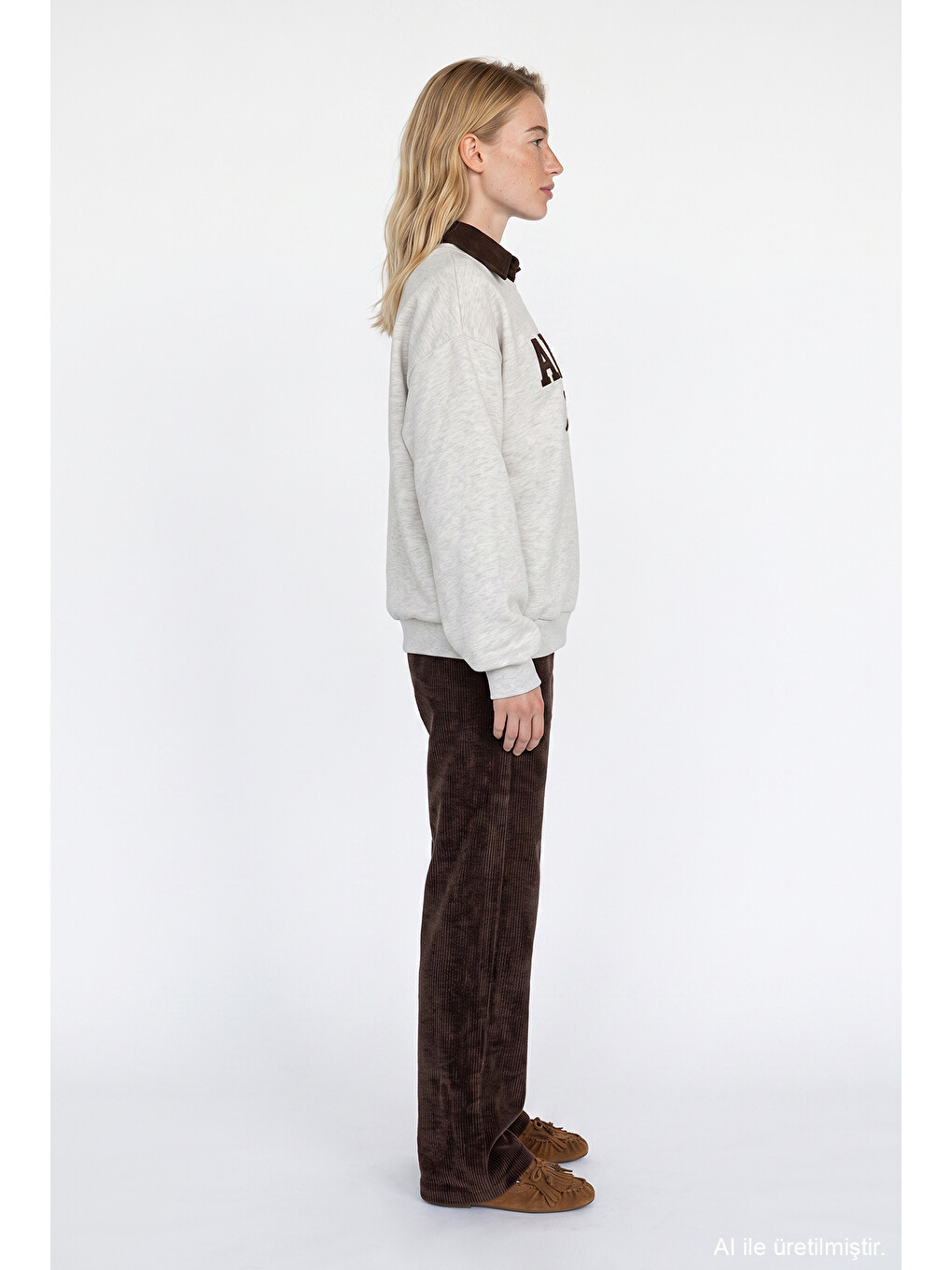 Polo Yaka Amore Nakışlı Oversize Sweatshirt Bejmelanj-3