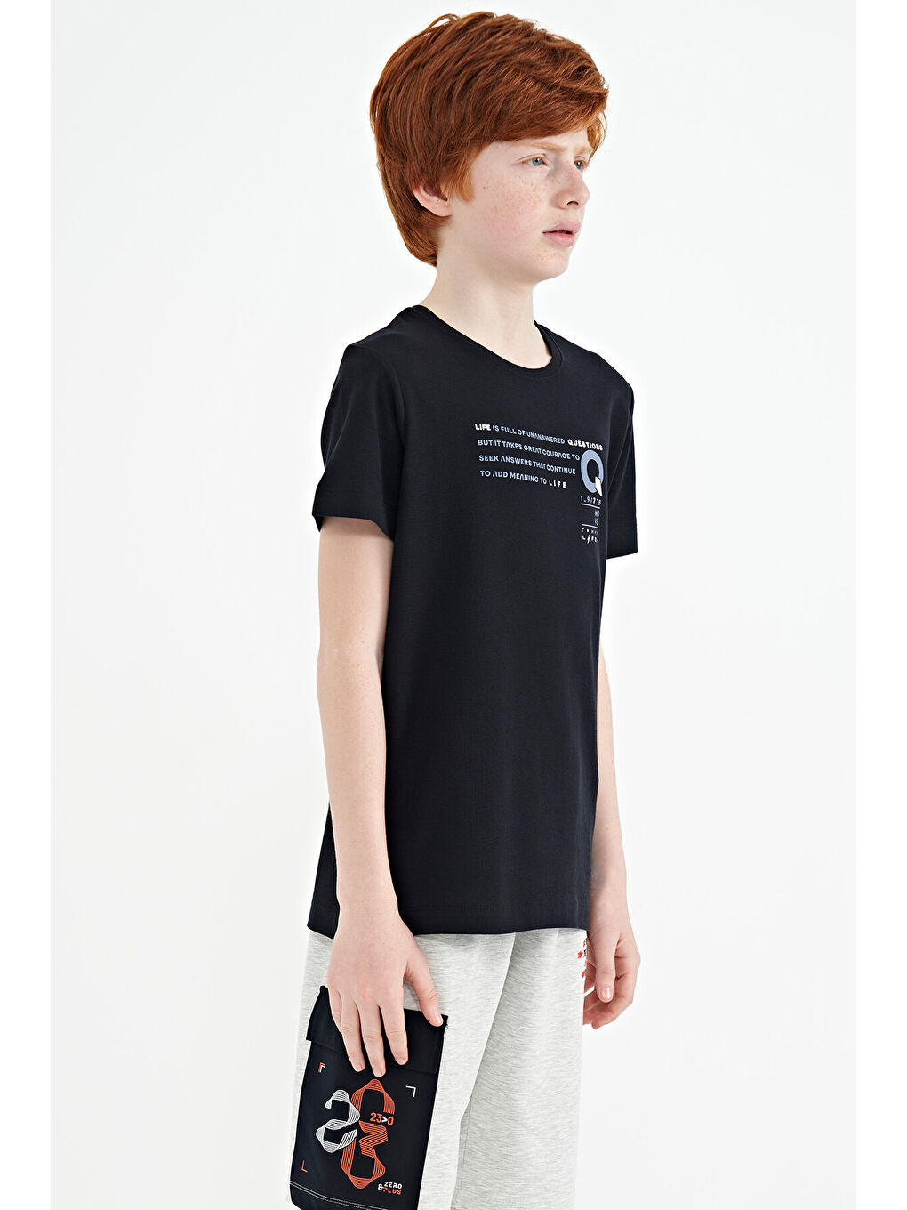 Lacivert Baskı Detaylı O Yaka Standart Kalıp Erkek Çocuk Tişört - 11145-1