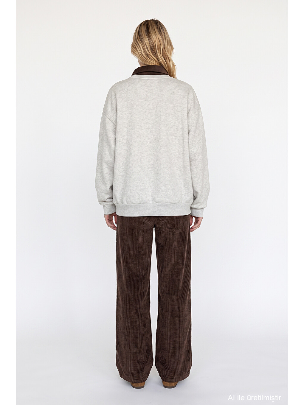 Polo Yaka Amore Nakışlı Oversize Sweatshirt Bejmelanj-4