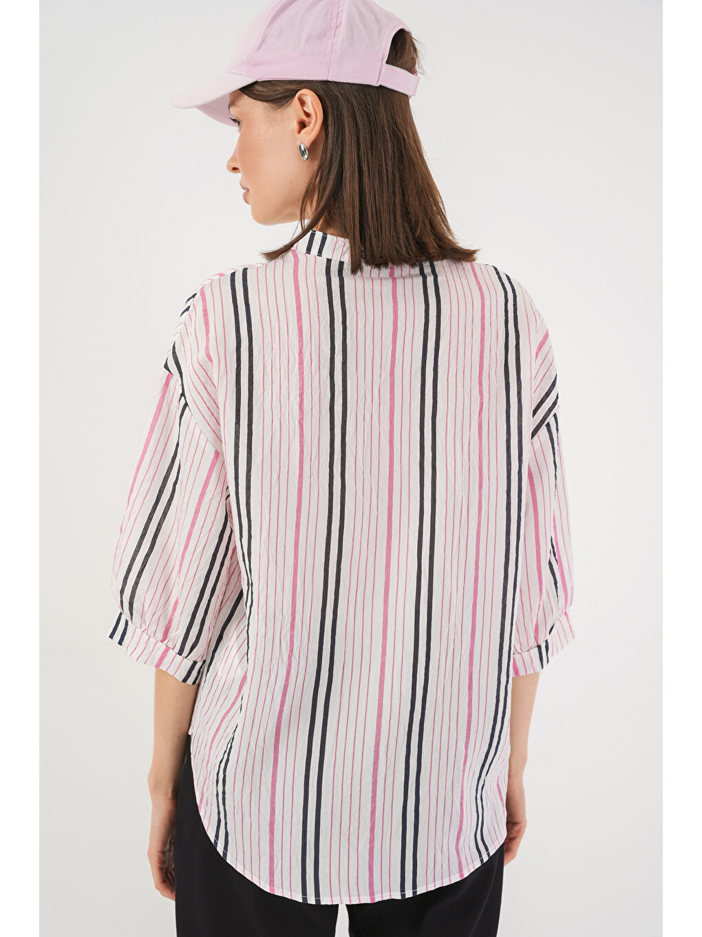 Kadın Çizgili Oversize Bluz 967 - Pembe-5