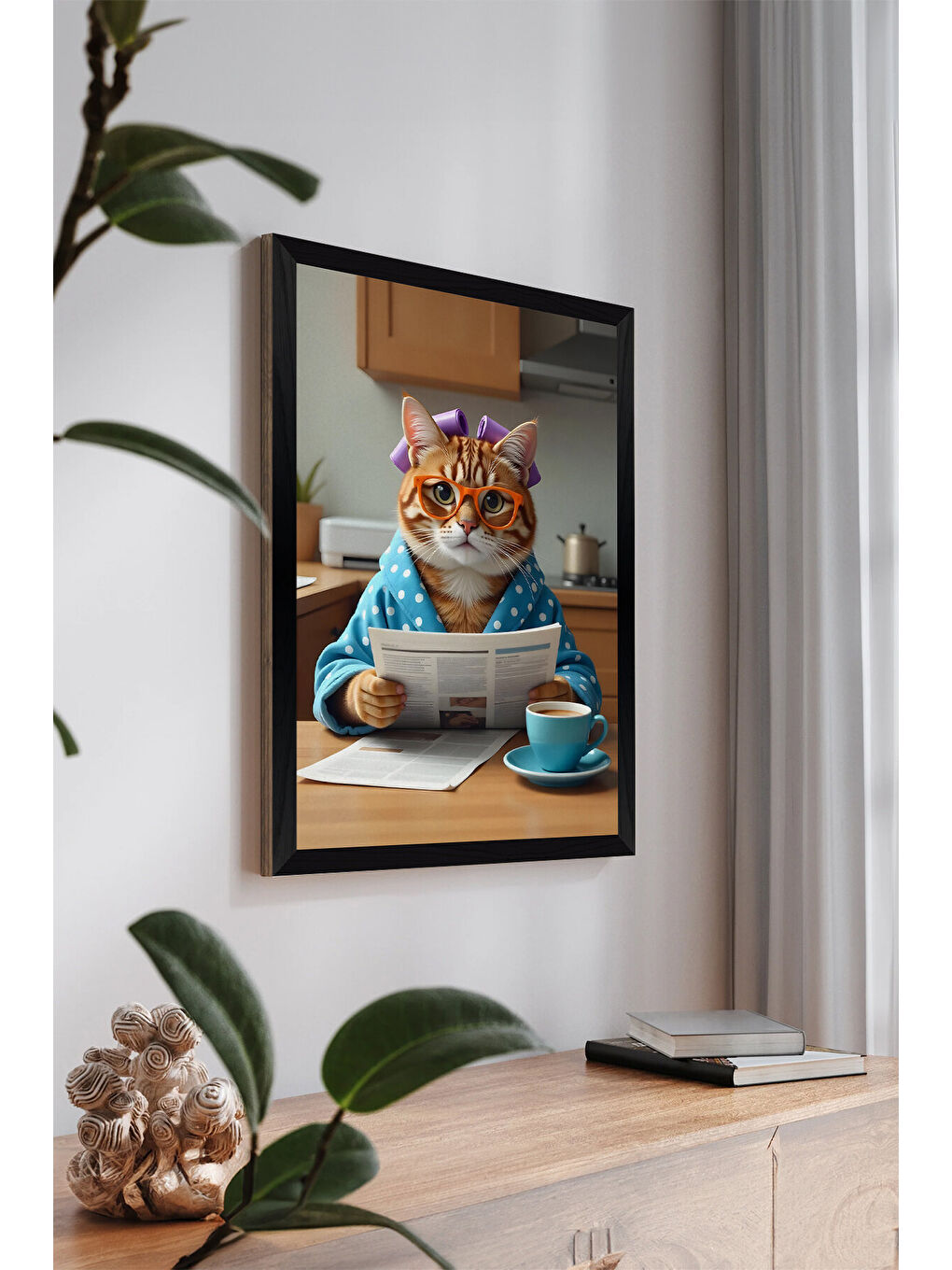 Beyaz Tek Parça Siyah Çerçeve Görünümlü Kedi Baskılı MDF 20x30 cm Tablo - Model 11