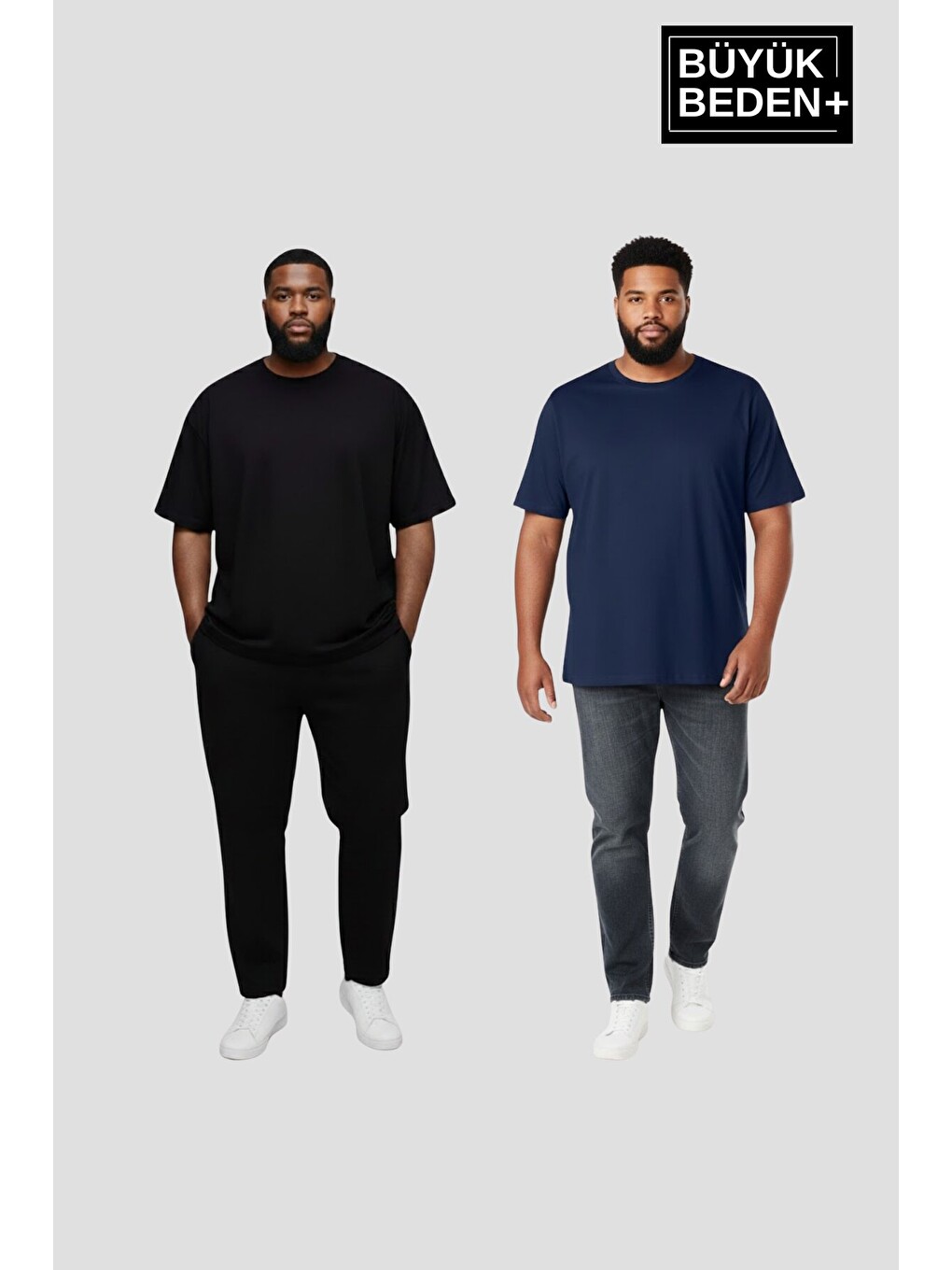 Lacivert Büyük Beden Erkek Basic Bisiklet Yaka 2'li Tişört Seti 3XL-6XL SPR26BTS510+2