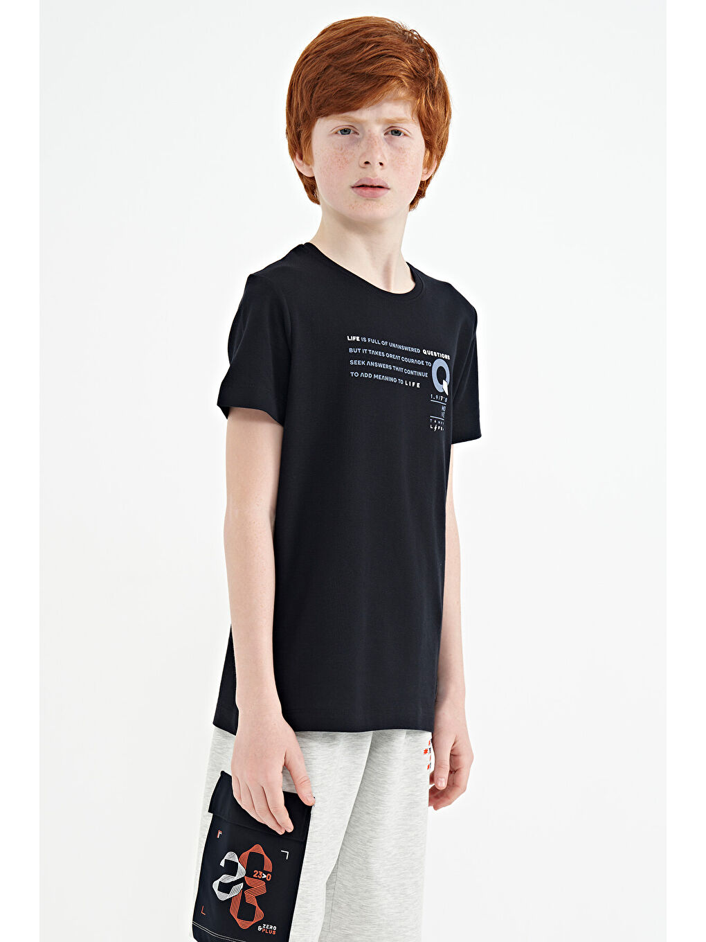 Lacivert Baskı Detaylı O Yaka Standart Kalıp Erkek Çocuk Tişört - 11145-3