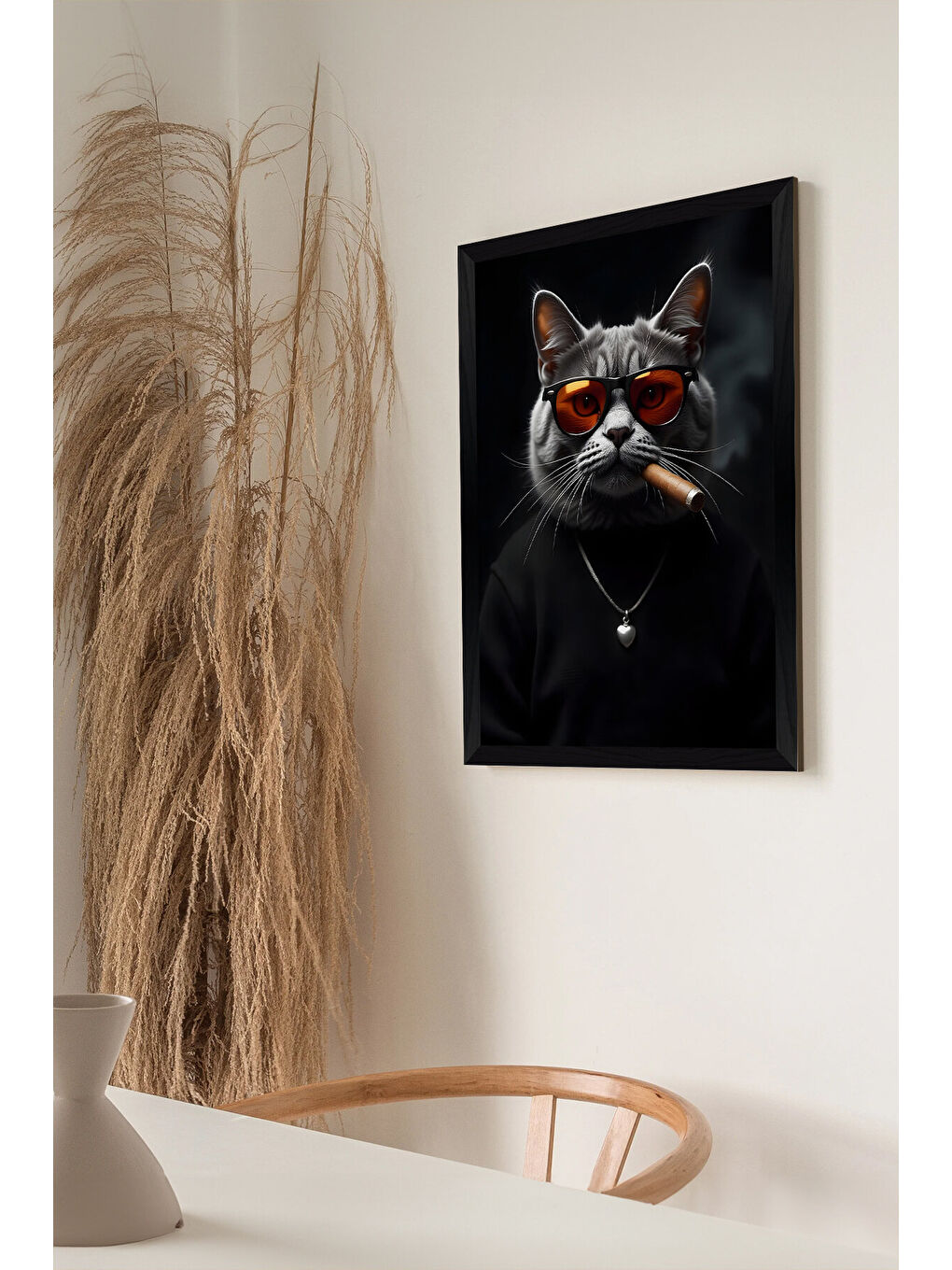 Beyaz Tek Parça Siyah Çerçeve Görünümlü Kedi Baskılı MDF 48x33 cm Tablo - Model 2