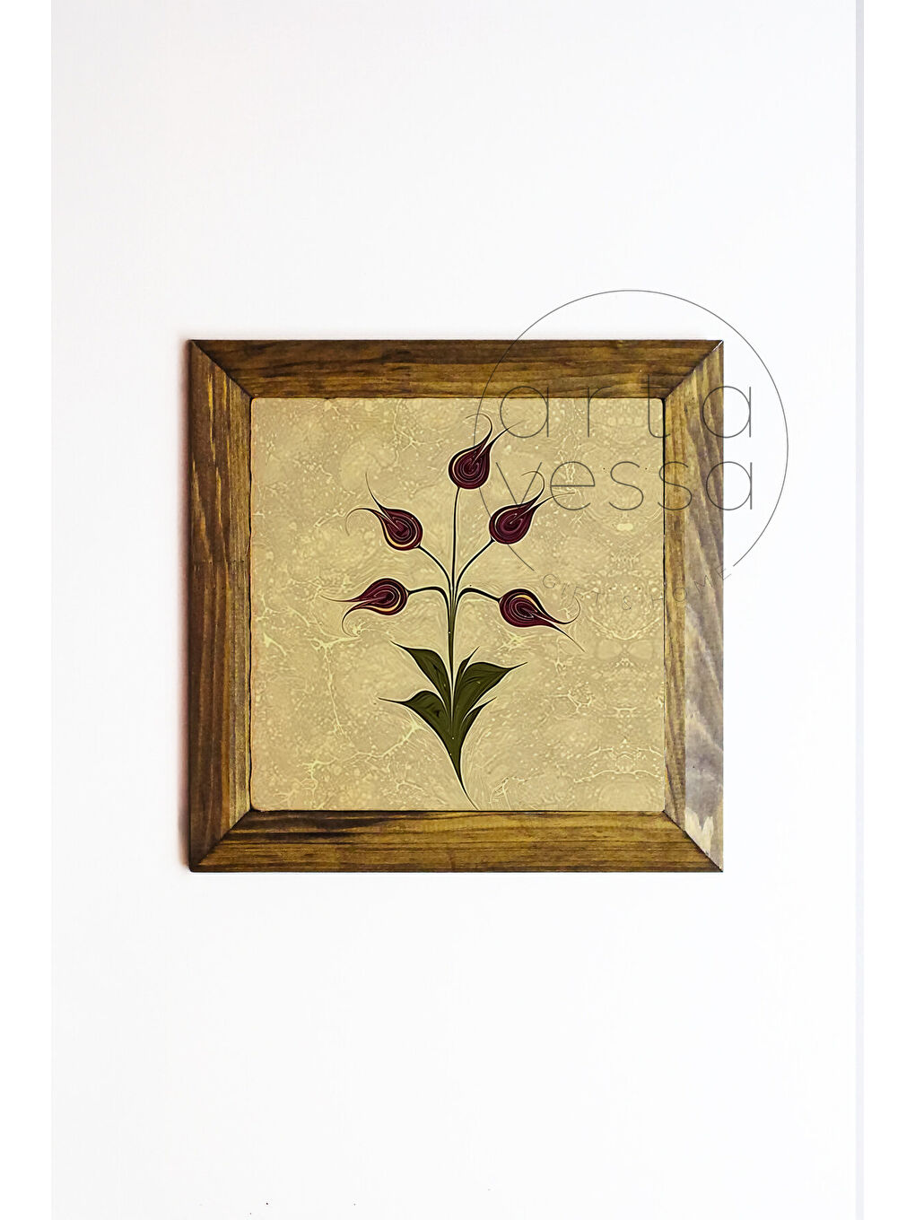 Beyaz Masif Ahşap Çerçeveli Taş Tablo Pano 26 x 26 cm - Ebru Sanatı 4 - 26 x 26-1