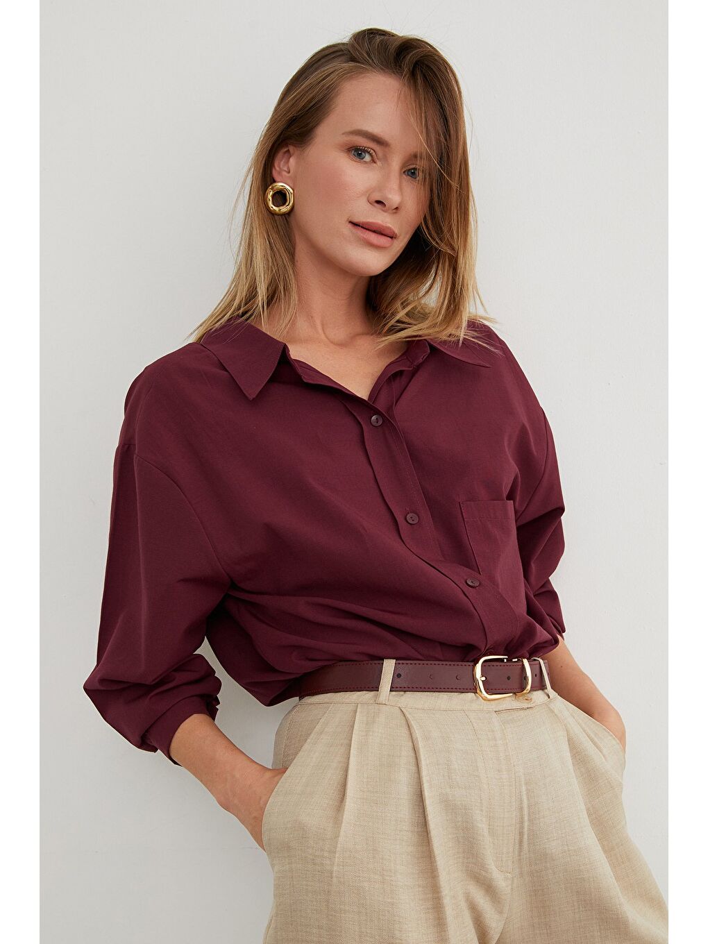 Bordo Basic Tek Cepli Oversize Gömlek-1