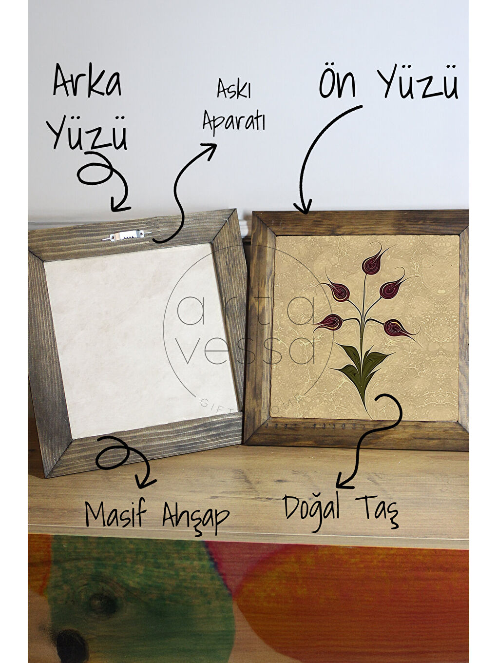 Beyaz Masif Ahşap Çerçeveli Taş Tablo Pano 26 x 26 cm - Ebru Sanatı 4 - 26 x 26-2