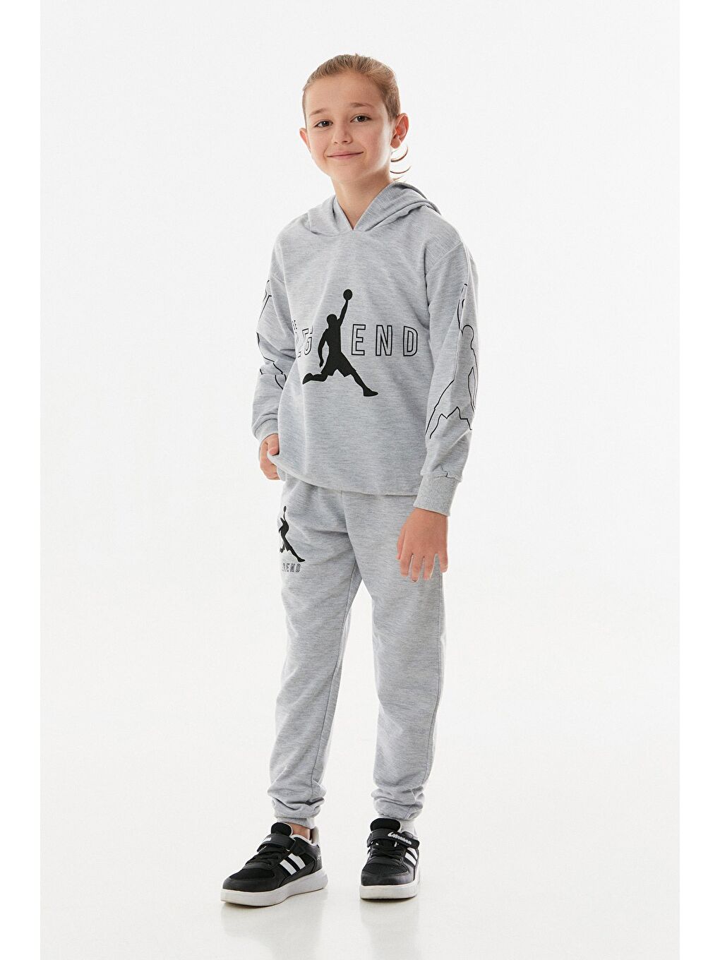 Gri Legend Yazı Baskılı Kapüşonlu Jogger Erkek Çocuk Eşofman Takımı