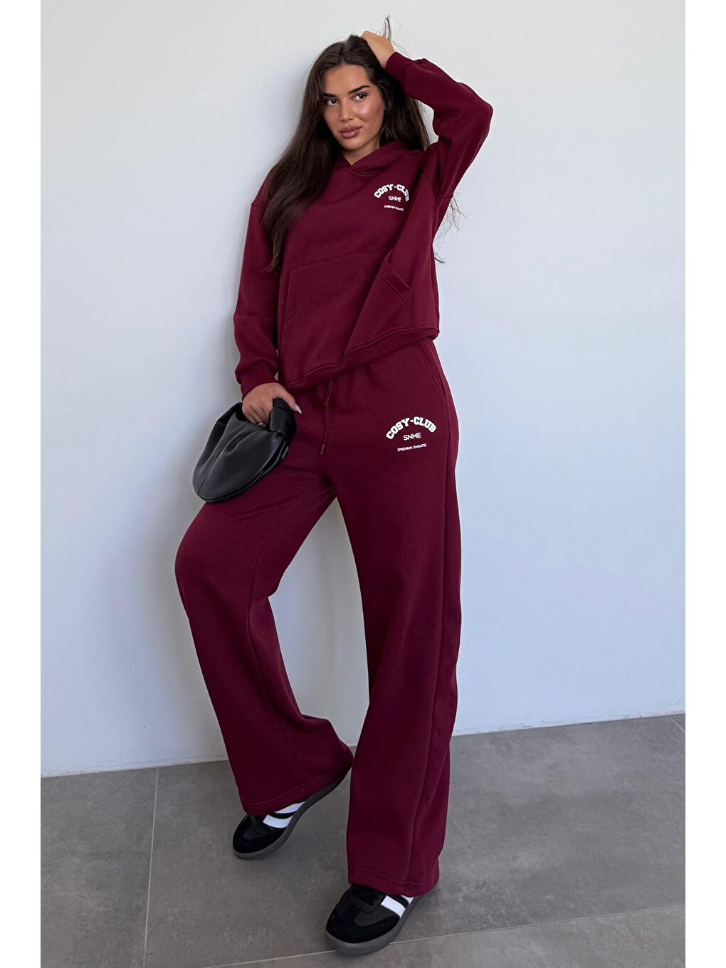 Bordo Kapüşonlu Baskılı Kadın Eşofman Takımı Mg2524-6