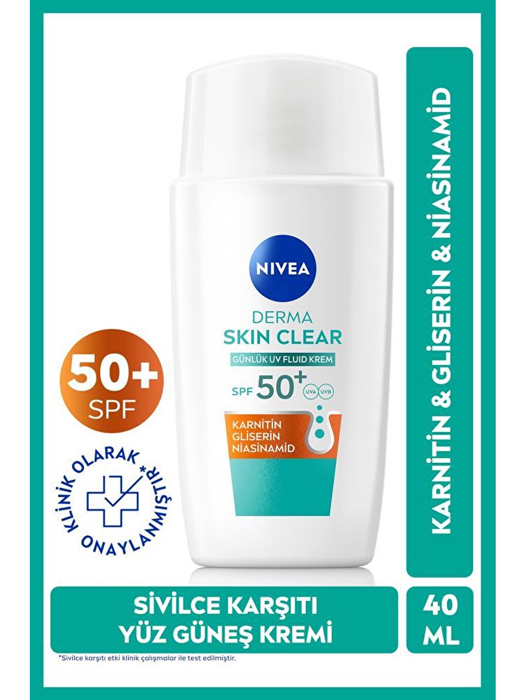 Spf50 Derma Skin Clear Sivilce Karşıtı Güneş Koruyucu Yüz Krem 40ml,matlaştırıcı,niasinamid,karnitin