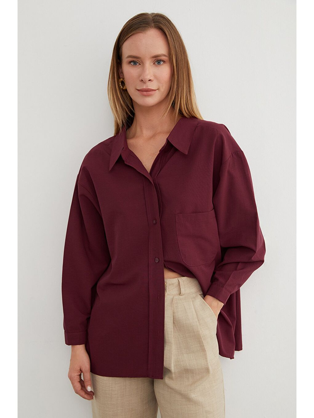 Bordo Basic Tek Cepli Oversize Gömlek-2