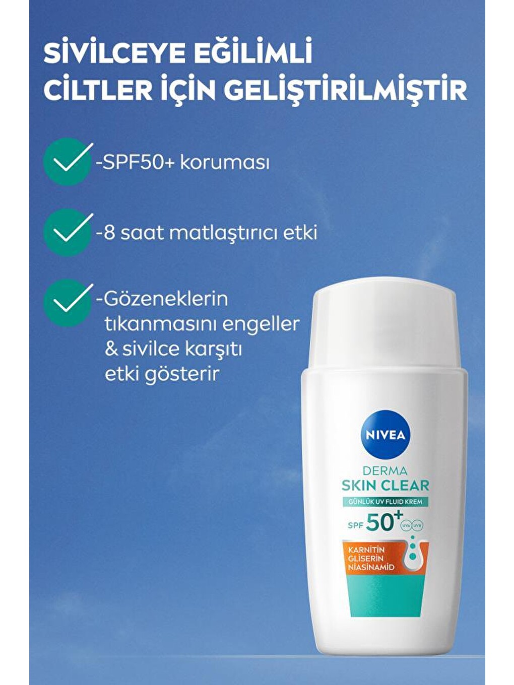 Spf50 Derma Skin Clear Sivilce Karşıtı Güneş Koruyucu Yüz Krem 40ml,matlaştırıcı,niasinamid,karnitin-1