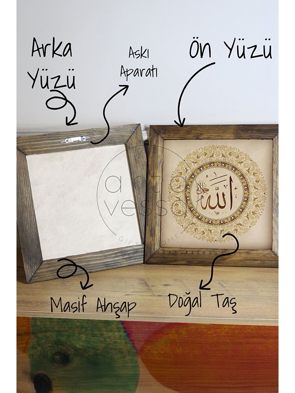 Beyaz Masif Ahşap Çerçeveli Taş Tablo Pano 16 x 16 cm - İslami Model 3 - 26 x 26-2