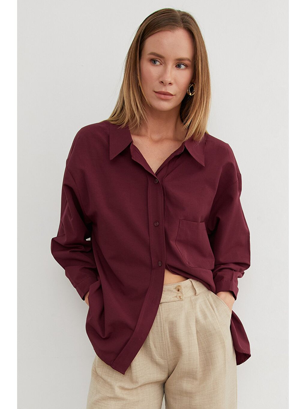 Bordo Basic Tek Cepli Oversize Gömlek-3