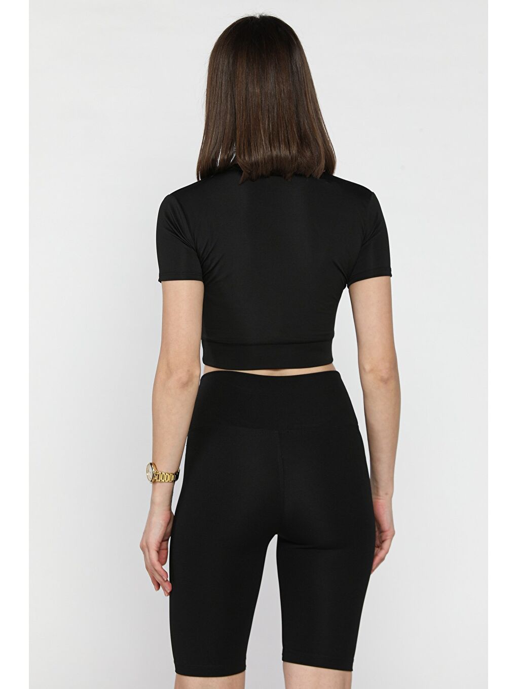 Siyah Kadın Ön Fermuarlı Modal Kumaş Crop Top Bluz-2