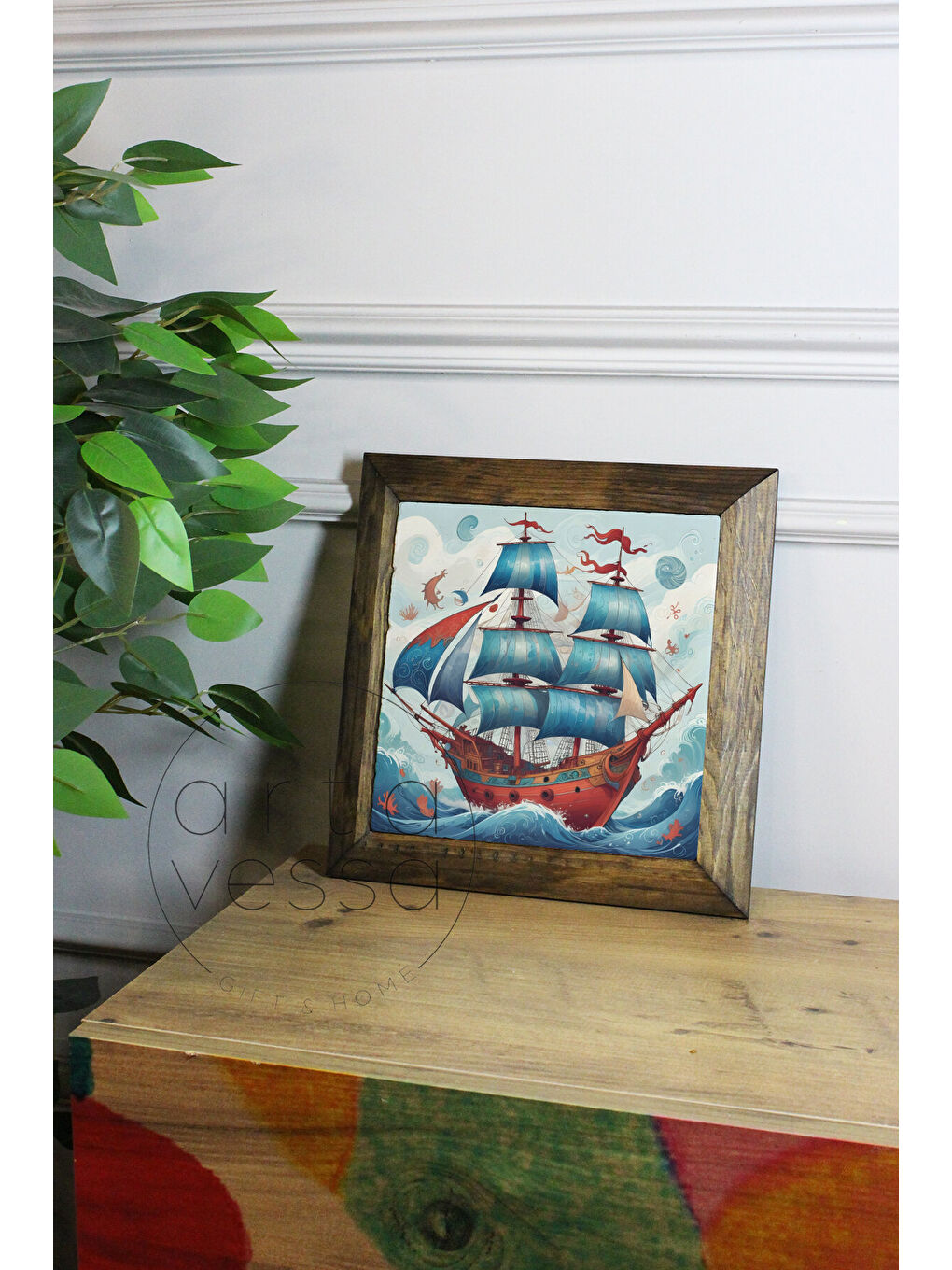 Beyaz Masif Ahşap Çerçeveli Taş Tablo Pano 26 x 26 cm - Gemi - 16 x 16