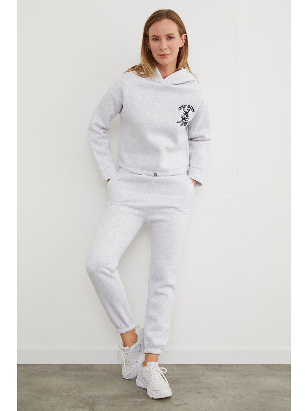 Gri 3 İplik Ayıcık Nakışlı Kapüşonlu Jogger Eşofman Takımı