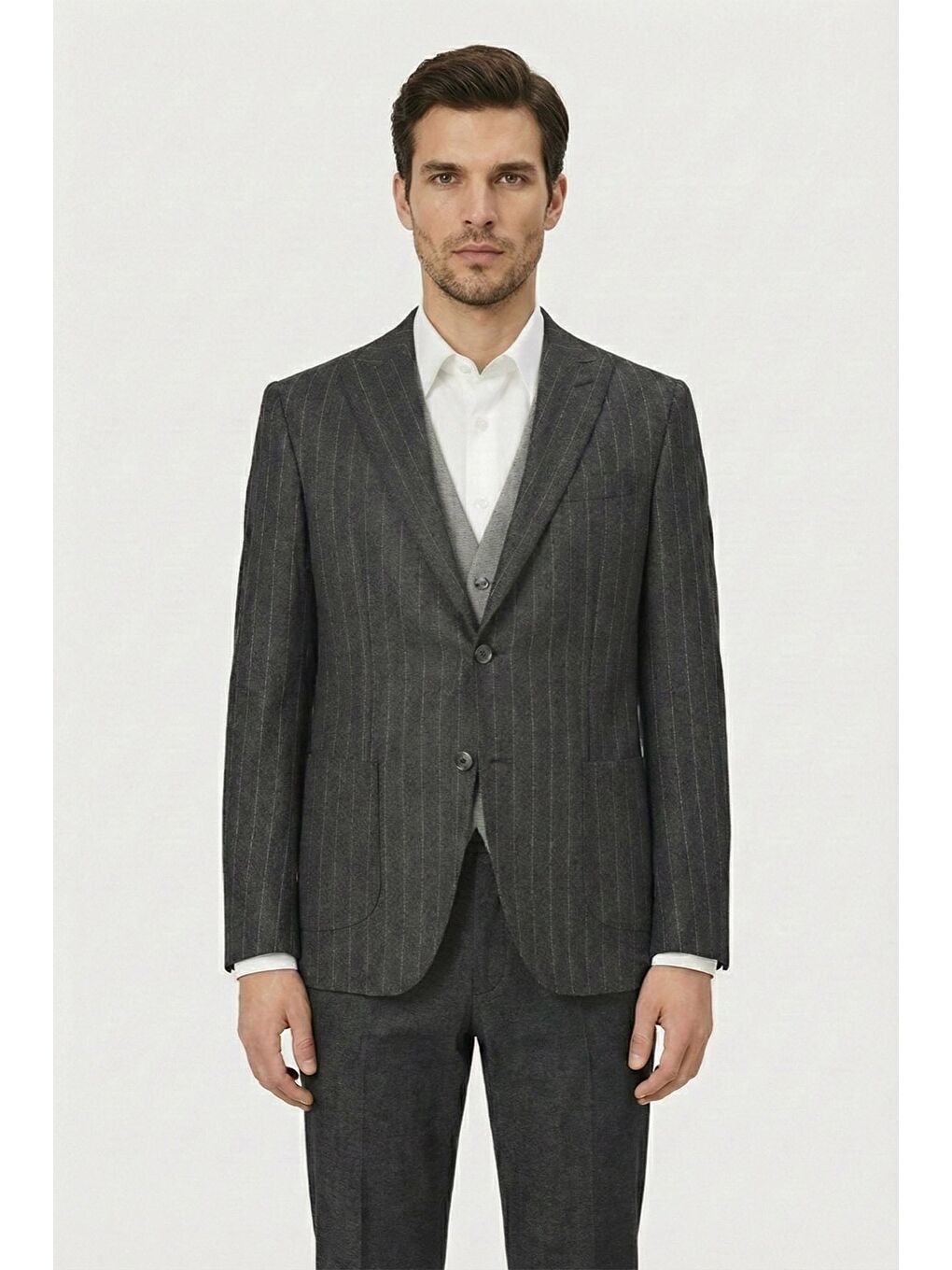 Giotelli Erkek Antrasit Roma Kalıp Çizgili Sivri Yaka 6 Drop Astarsız Standart Boy Ceket