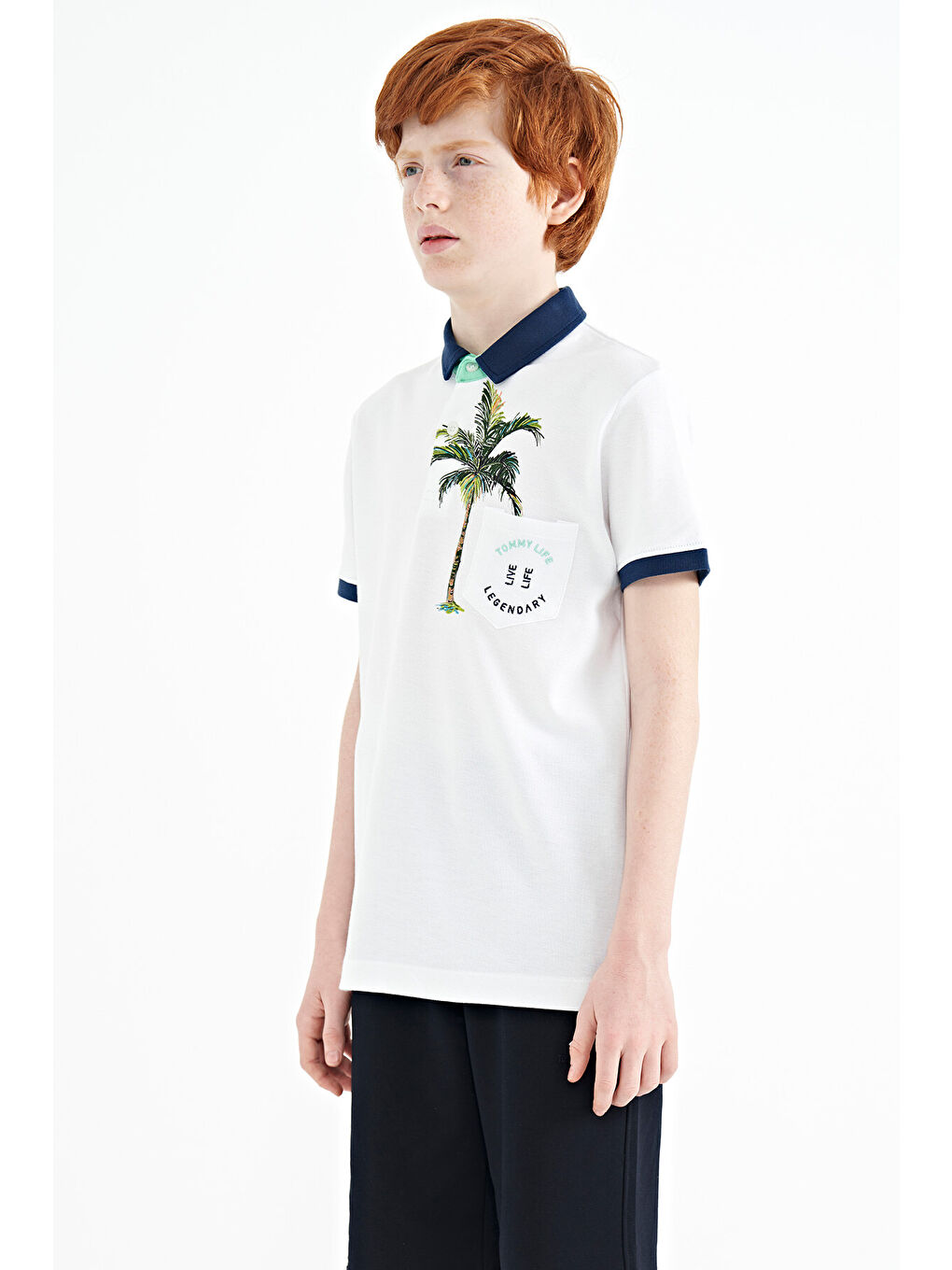 Beyaz Baskılı Cep Detaylı Standart Kalıp Polo Yaka Erkek Çocuk Tişört - 11144-3