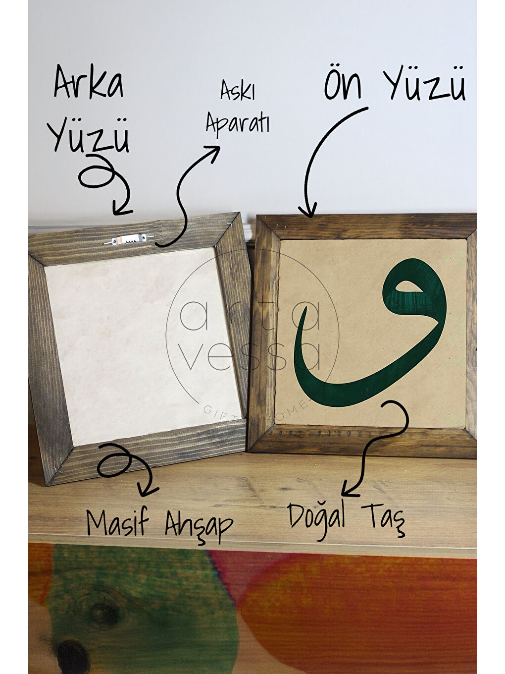 Beyaz Masif Ahşap Çerçeveli Taş Tablo Pano 26 x 26 cm - Vav - 16 x 16-2