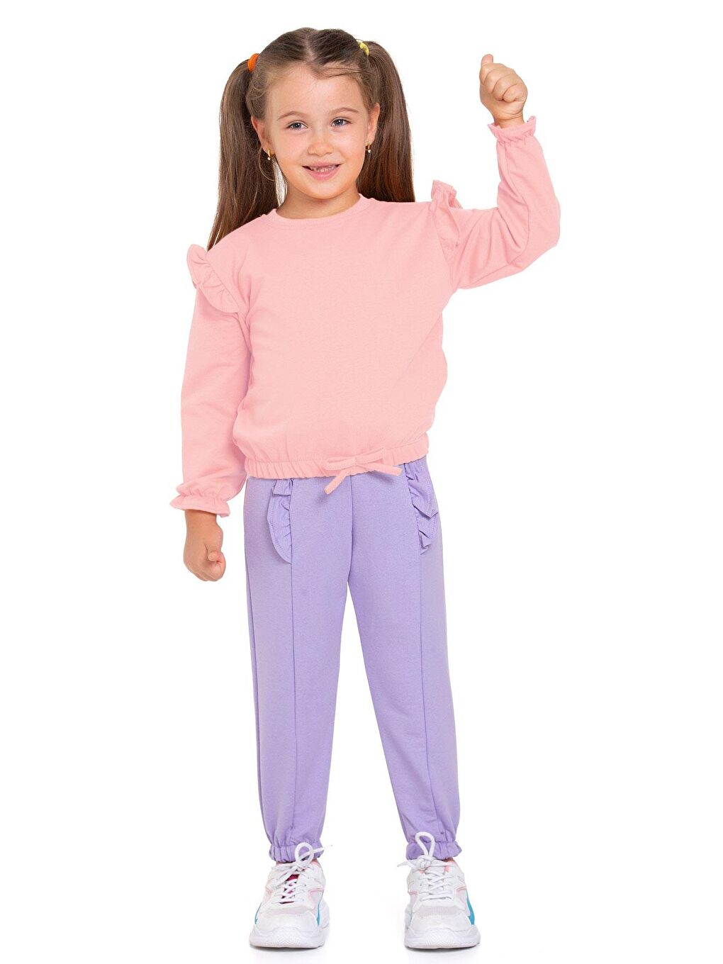 Pembe Bisiklet Yaka Uzun Kol Pantolonu Dikiş Detaylı Somon Lıla Renk Kız Cocuk Esofman Takım