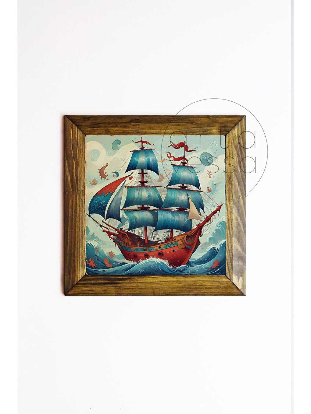 Beyaz Masif Ahşap Çerçeveli Taş Tablo Pano 26 x 26 cm - Gemi - 16 x 16-1