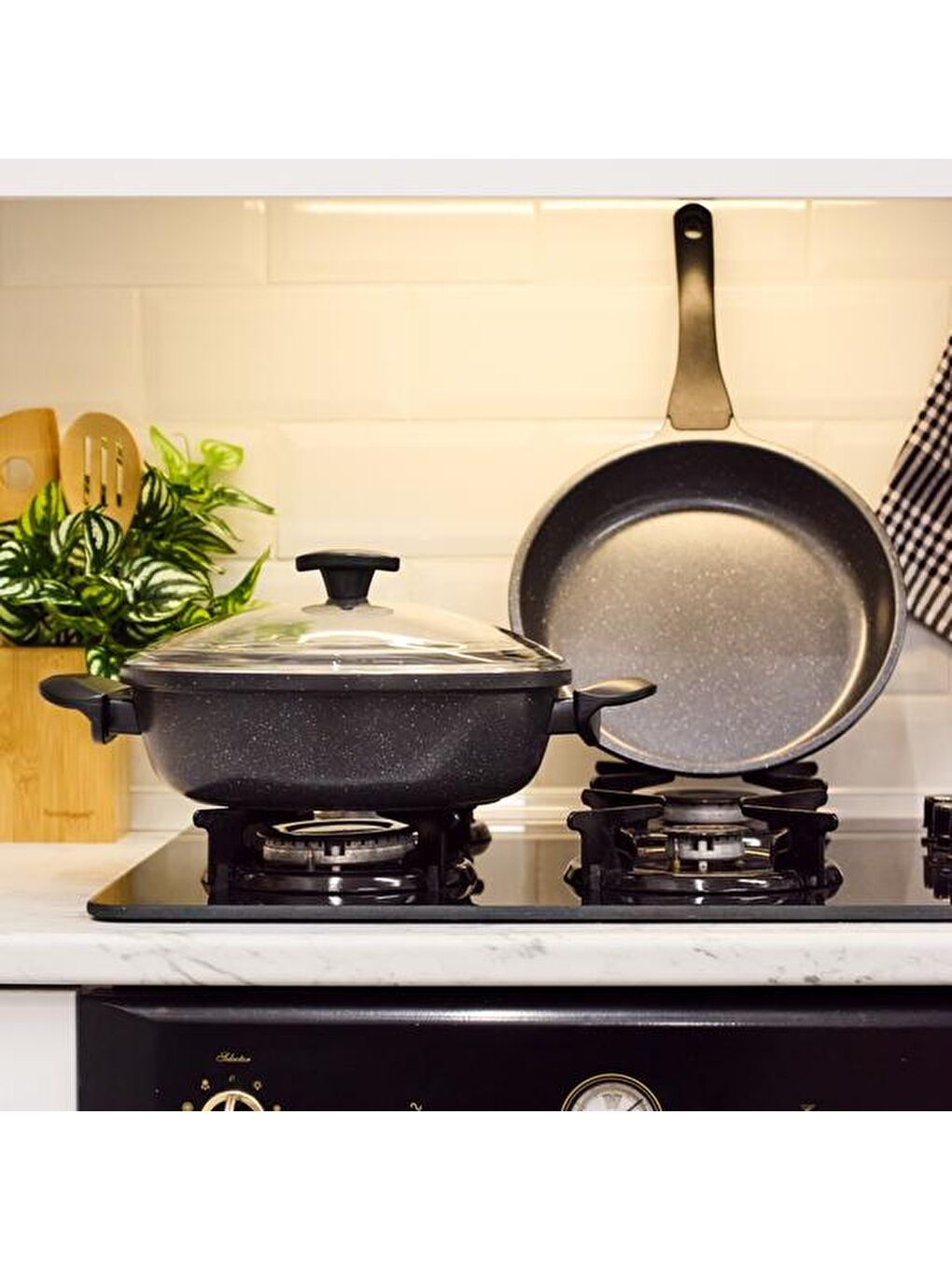 3 Parça Granit Tencere Tava Seti - Antrasit / Siyah - 26 cm