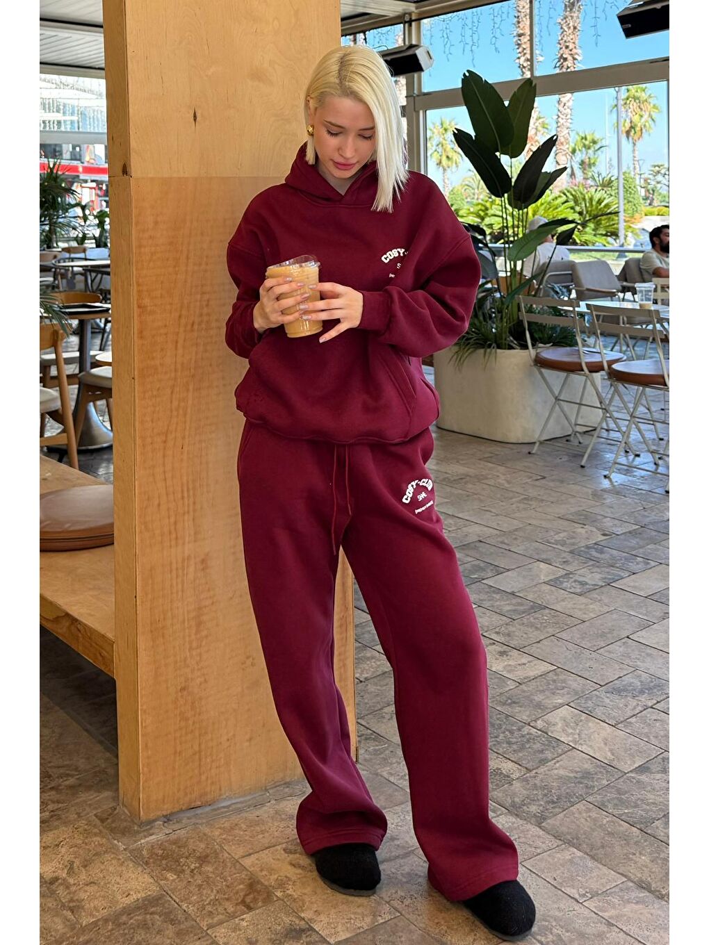 Bordo Kapüşonlu Baskılı Kadın Eşofman Takımı Mg2524-8