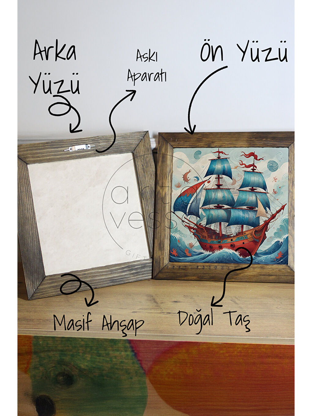 Beyaz Masif Ahşap Çerçeveli Taş Tablo Pano 26 x 26 cm - Gemi - 16 x 16-2