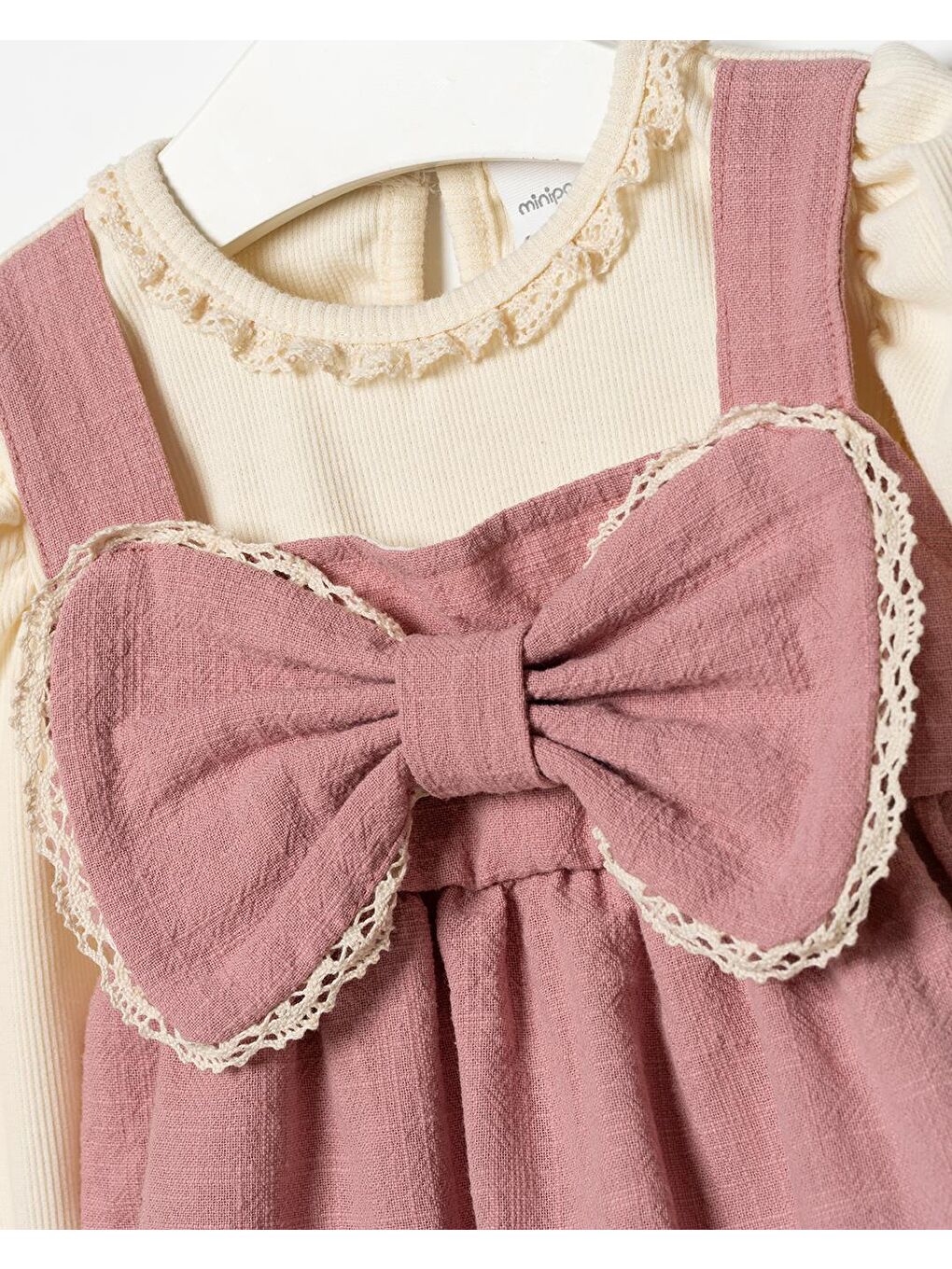 Pembe Kız Bebek Pamuklu Pudra Fiyonk Detaylı Salopet Elbise – Uzun Kollu İç Bluz Dahil-4