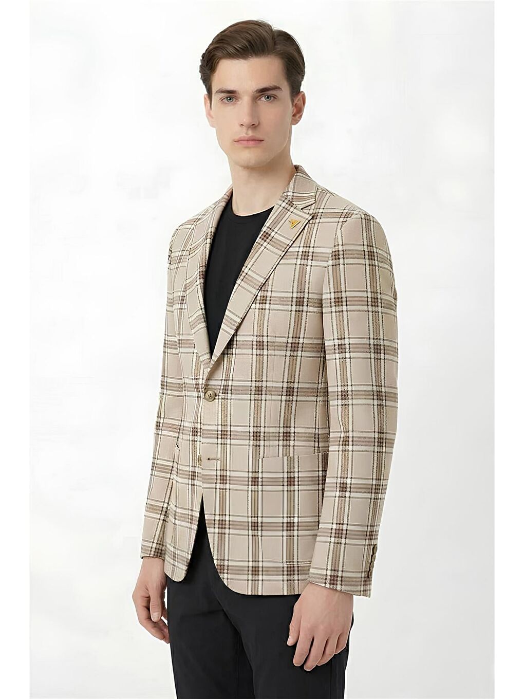 Kahverengi Giotelli Kahve Ekose Mono Yaka Comfort Kalıp 6 Drop Kemerli Bel Astarsız Erkek Ceket-2