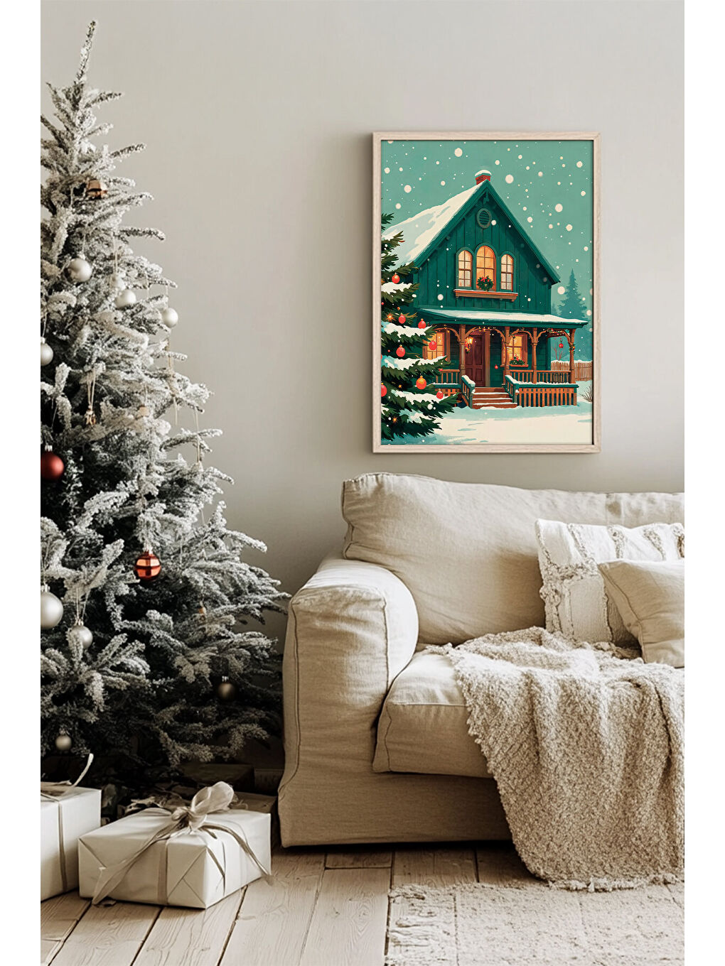 Beyaz Tek Parça Gerçek Ham Ahşap Çerçeveli Yılbaşı(New Year) Temalı Tablo - Model 7 - NWYEARSNGMDL7-5070-1