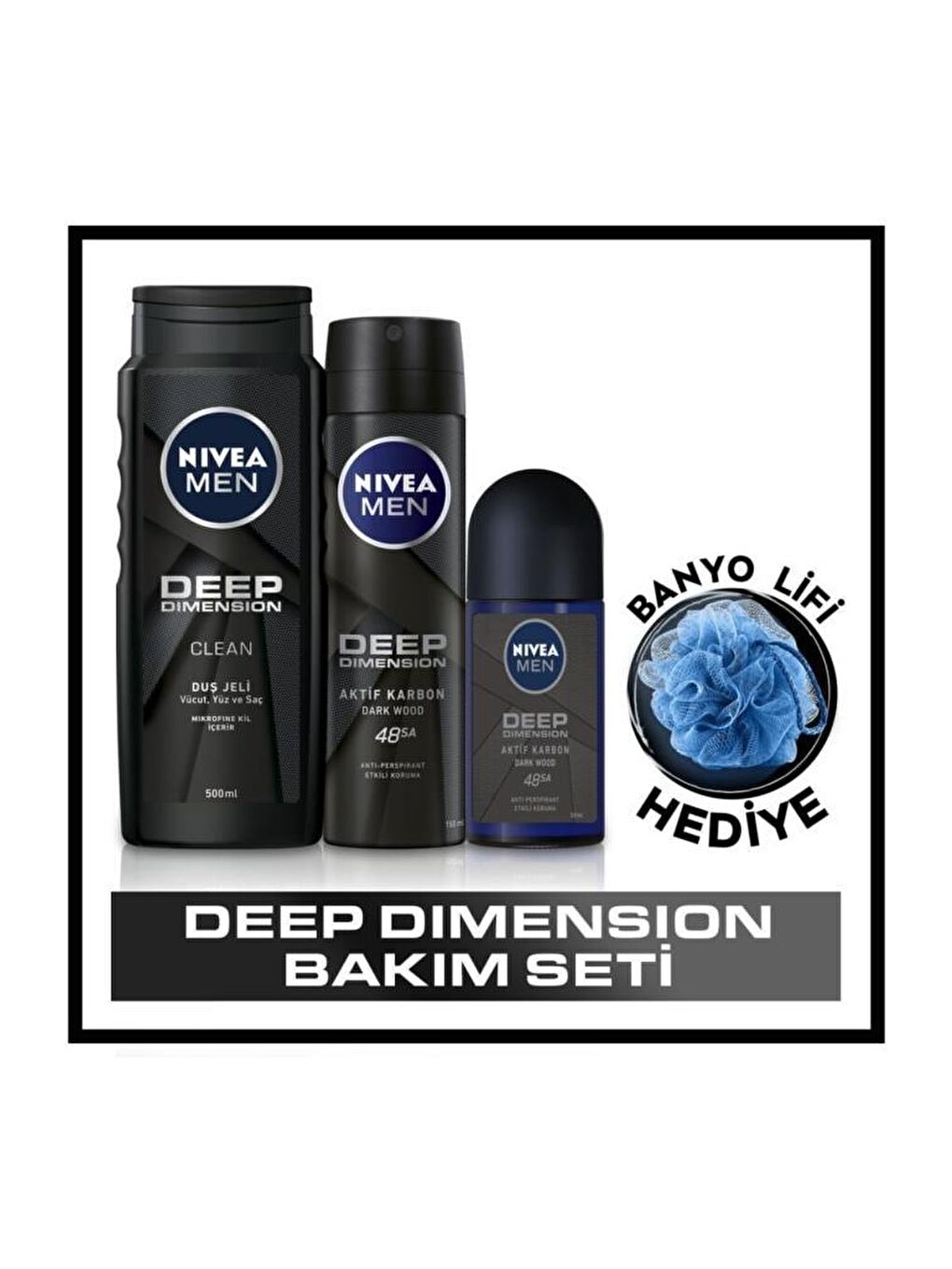 NIVEA Men Deep Dimension Duş Jeli 500 ml+ Sprey Deodorant 150 ml + Roll On Deodorant 50 ml + Banyo Lifi