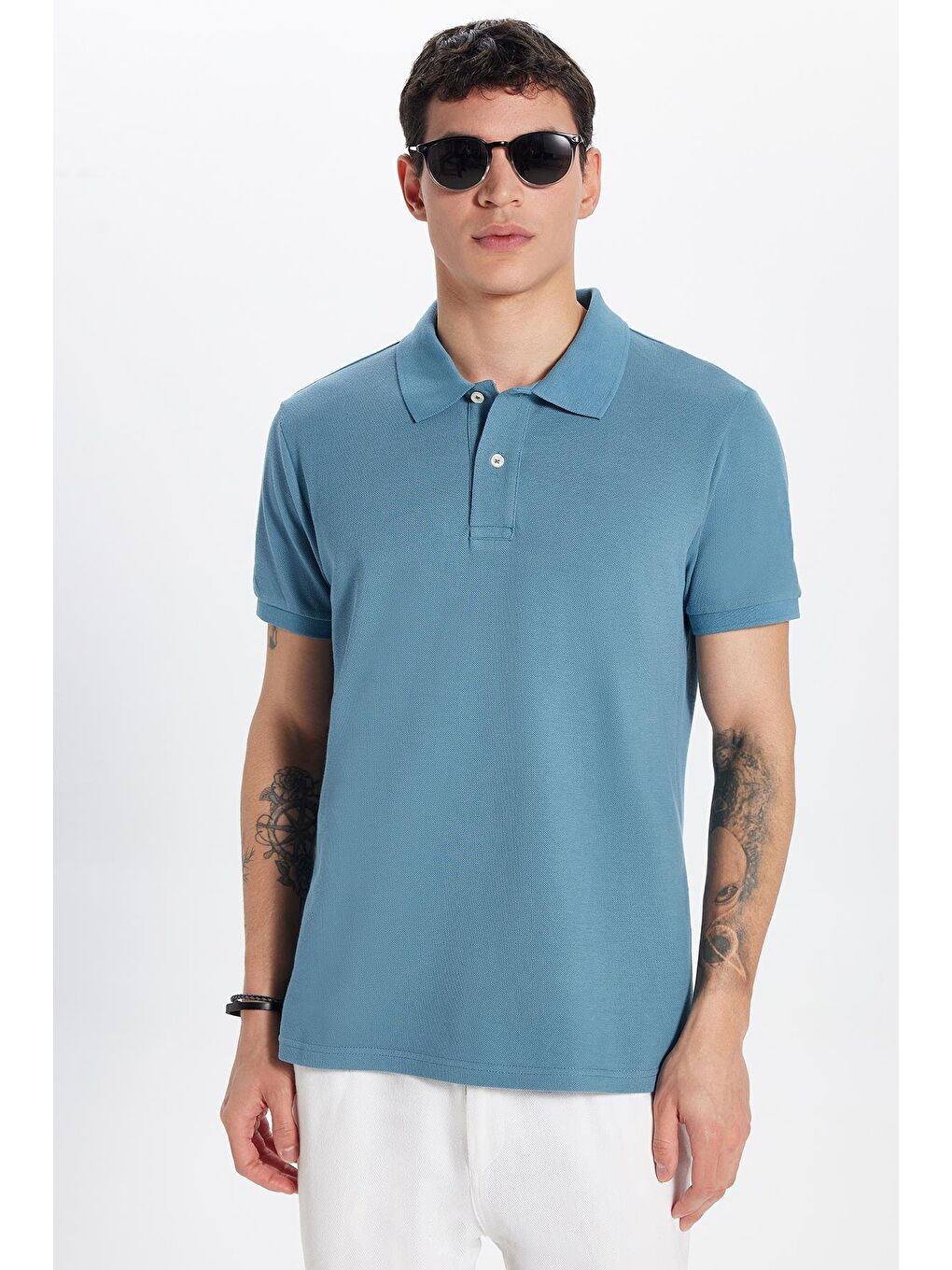 TUDORS Indigo Erkek Slim Fit Dar Kesim %100 Pamuk İndigo Polo Yaka Tişört - 1