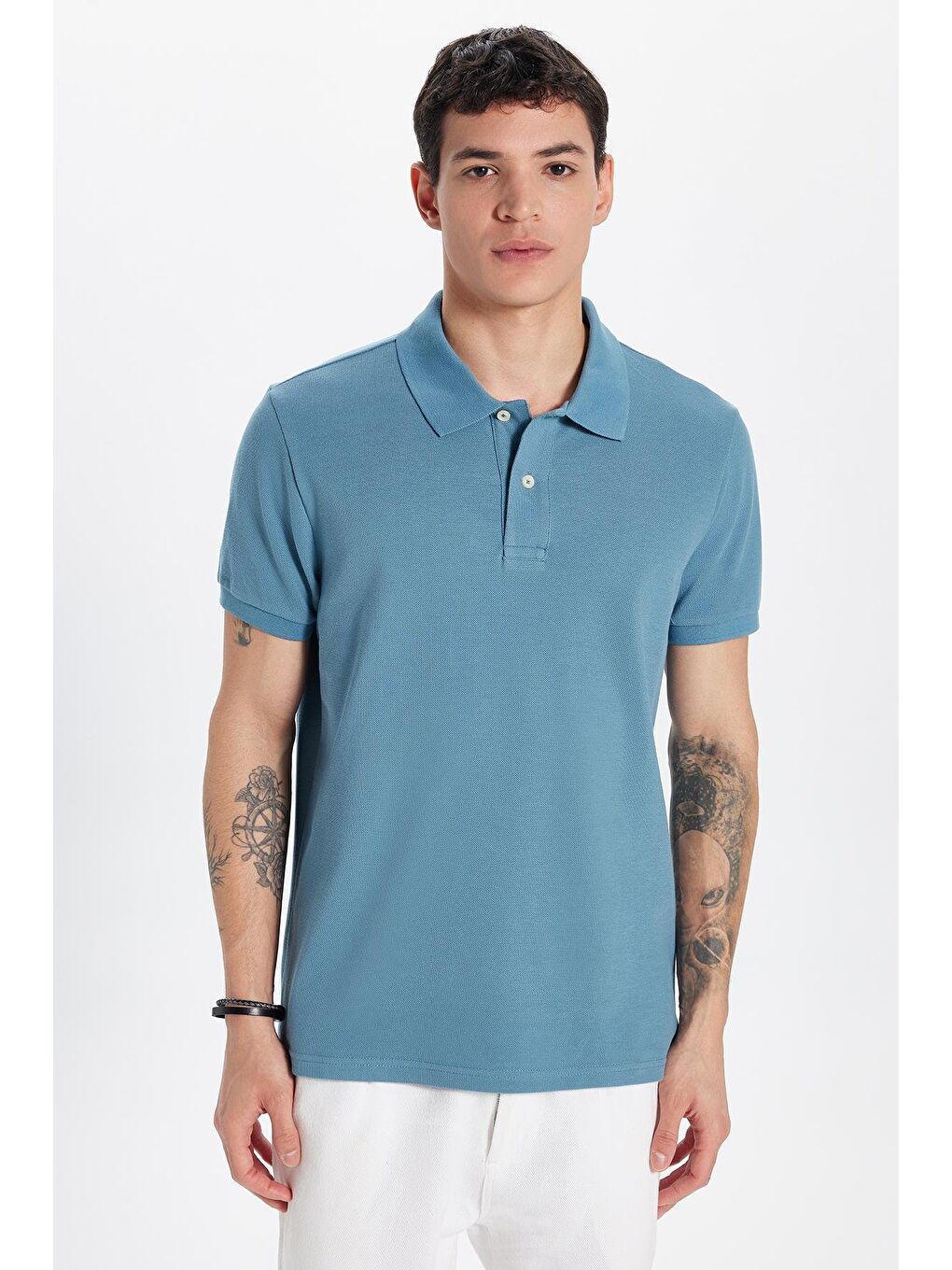 TUDORS Indigo Erkek Slim Fit Dar Kesim %100 Pamuk İndigo Polo Yaka Tişört - 3