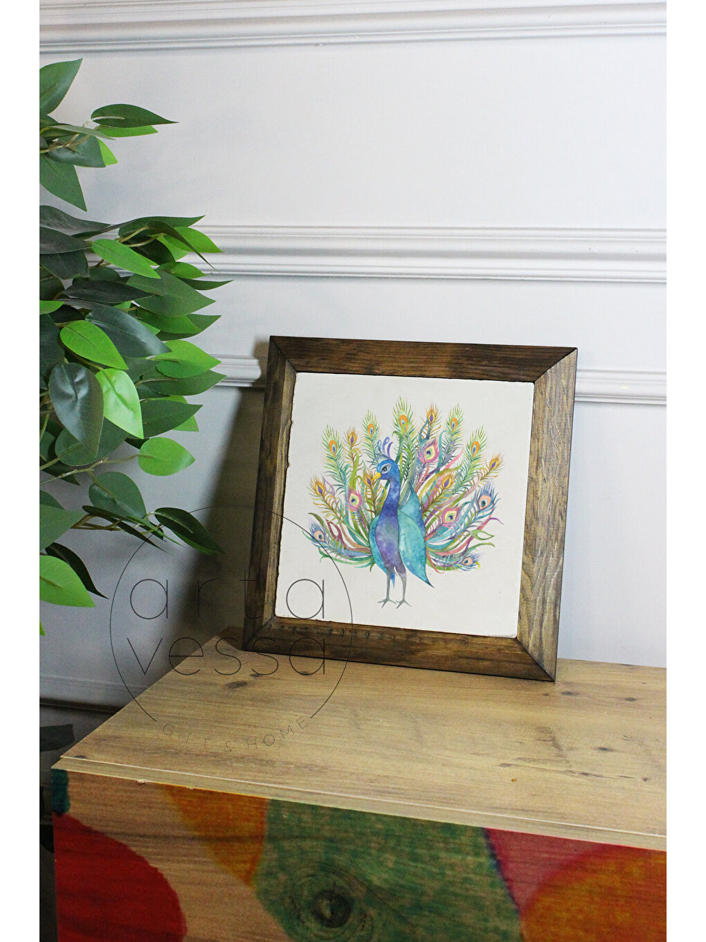 Beyaz Masif Ahşap Çerçeveli Taş Tablo Pano 16 x 16 cm - Tavus Kuşu 2 - 16 x 16