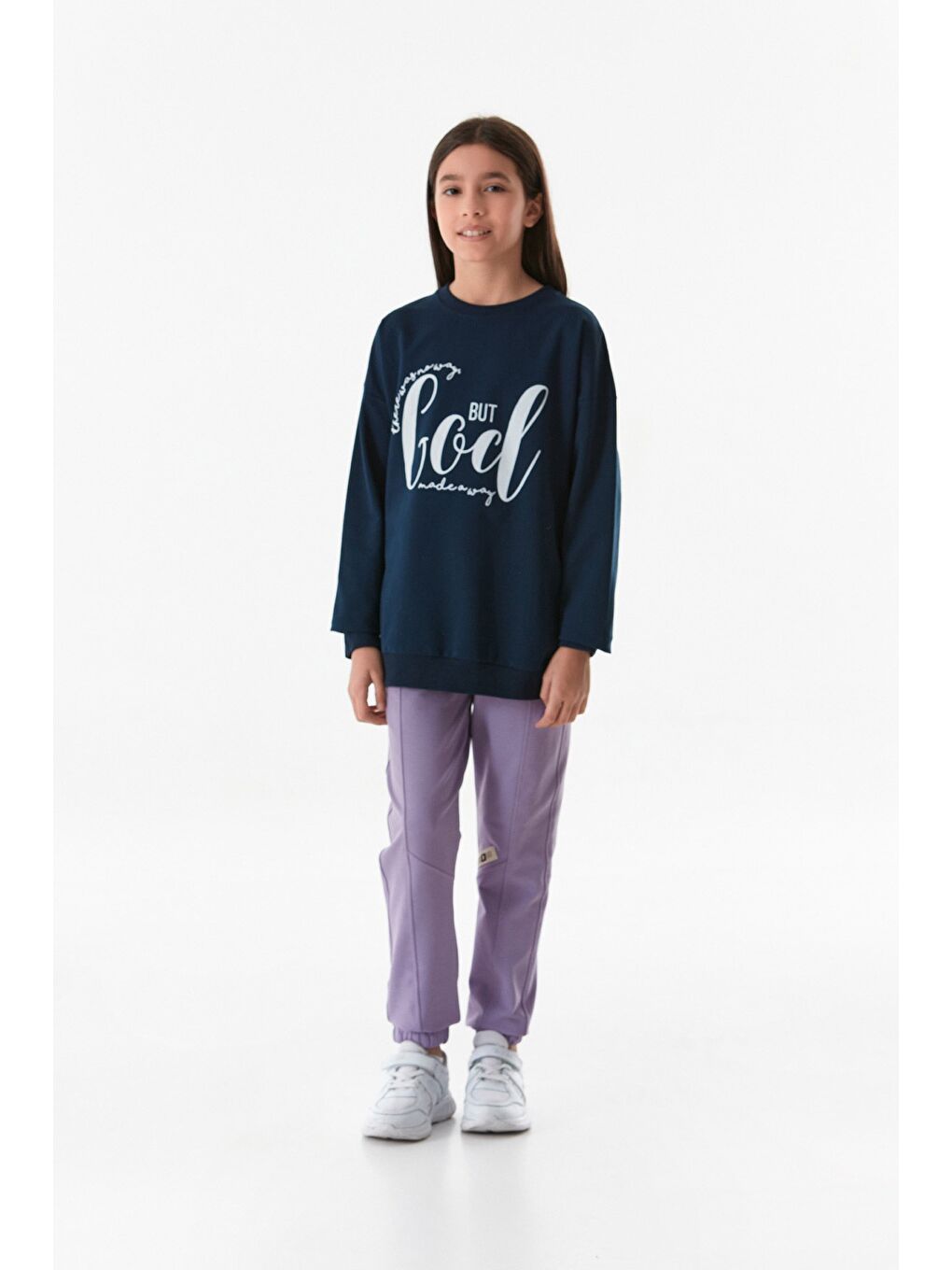 Fullamoda Lacivert Yazı Baskılı Bisiklet Yaka Kız Çocuk Sweatshirt - 3