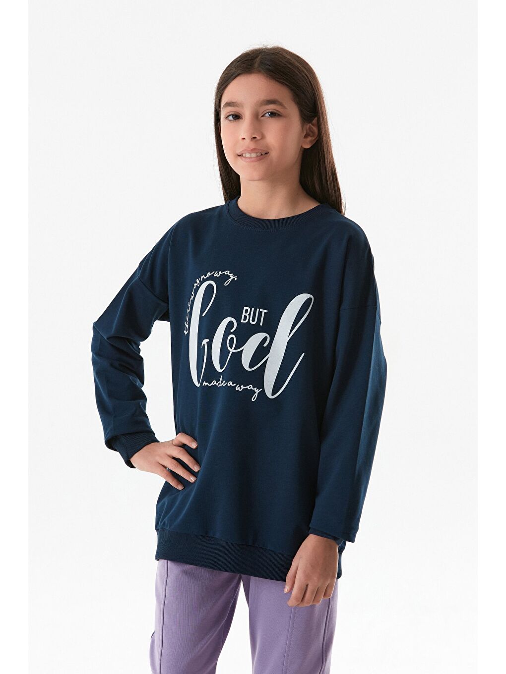 Fullamoda Lacivert Yazı Baskılı Bisiklet Yaka Kız Çocuk Sweatshirt - 4