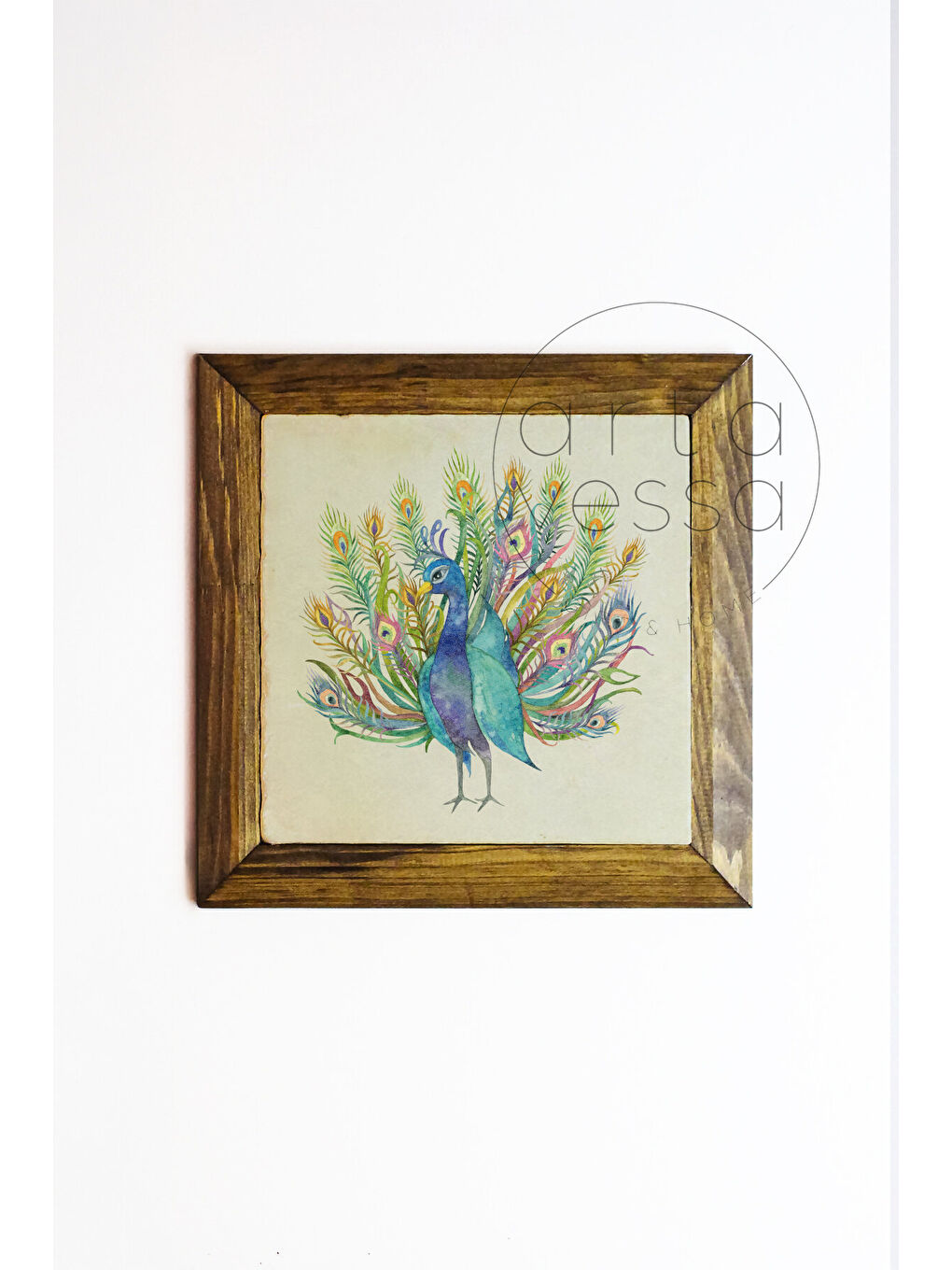 Beyaz Masif Ahşap Çerçeveli Taş Tablo Pano 16 x 16 cm - Tavus Kuşu 2 - 16 x 16-1