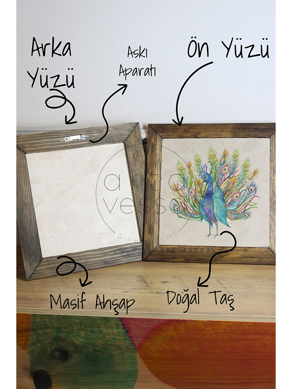 Beyaz Masif Ahşap Çerçeveli Taş Tablo Pano 16 x 16 cm - Tavus Kuşu 2 - 16 x 16-2