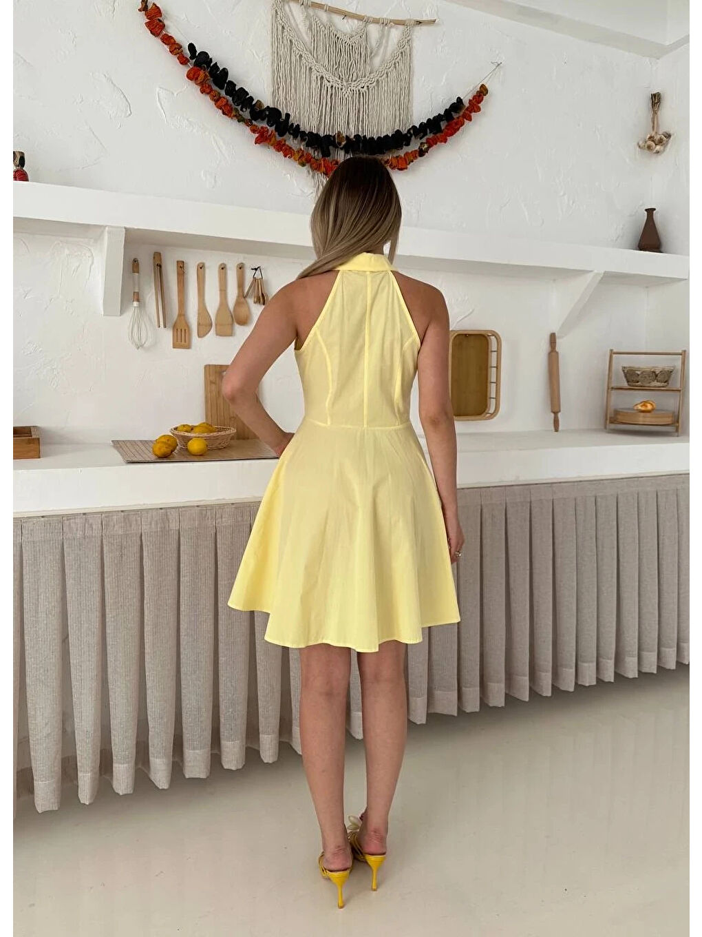 Önden Düğmeli Tasarım Elbise Sarı-2