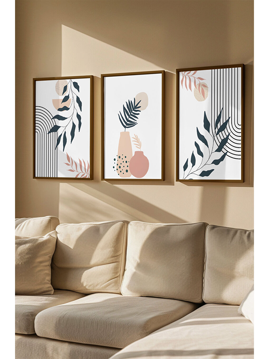 Beyaz 3 Parça Gerçek Ahşap Renkli Çerçeveli Tablo Seti - Model 30 - ARTVMODEL30-KAHVE