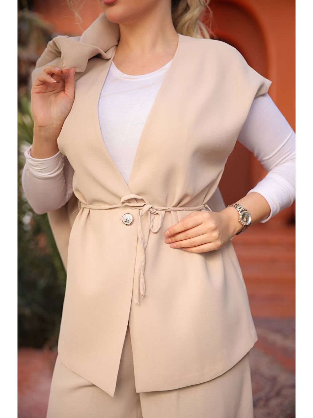 Bej Kadın Uzun Yelek Bol Paça Palazzo Pantolon Yelekli Takım-1